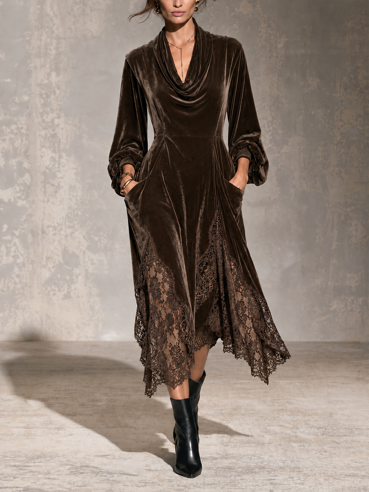 Brown Velvet Cowl Neck Lace Hem Midi Dress