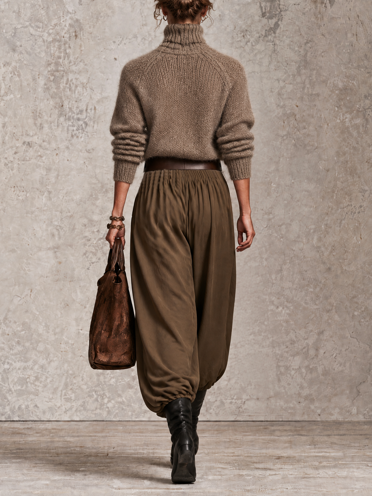 Taupe Fuzzy Knit Turtleneck And Olive Balloon Pants Two-Piece Set