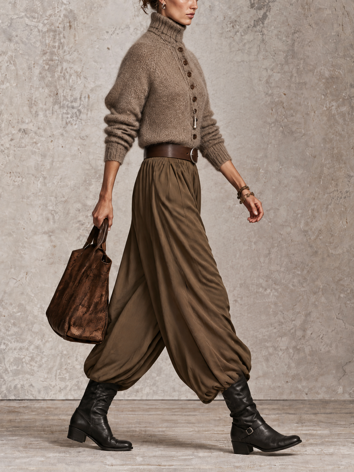 Taupe Fuzzy Knit Turtleneck And Olive Balloon Pants Two-Piece Set