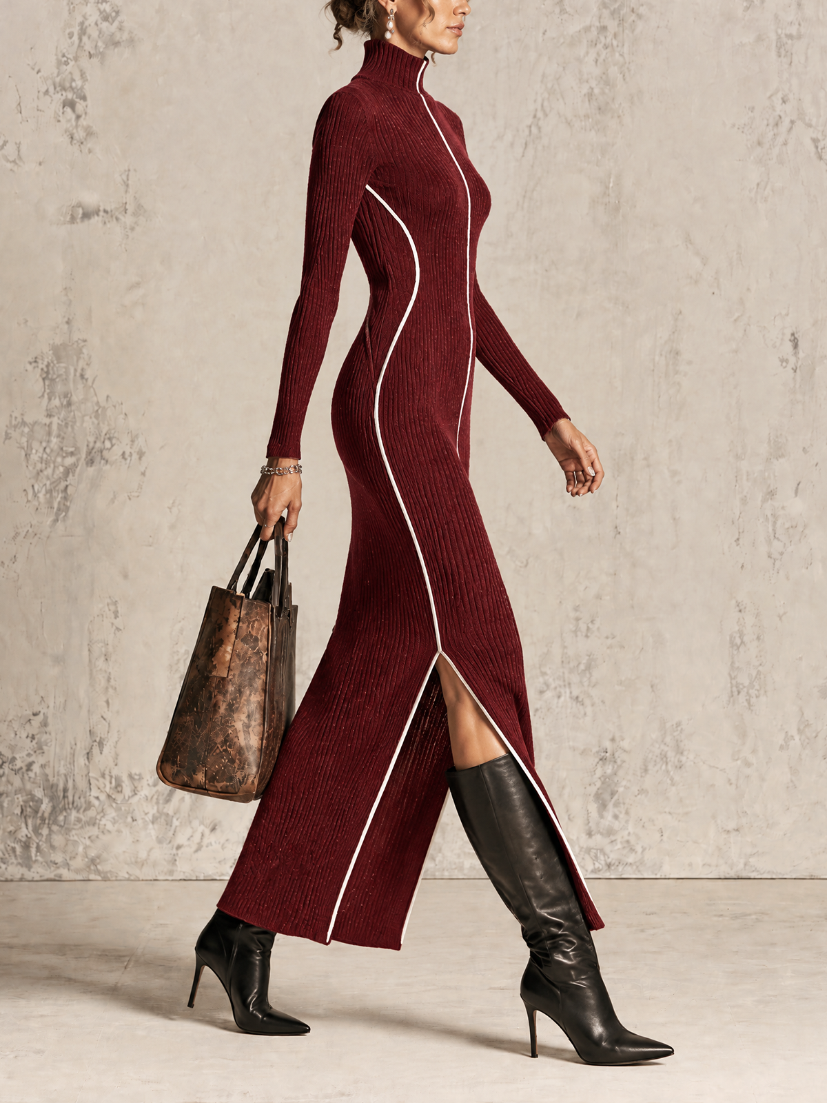 Burgundy Ribbed Turtleneck White Piping Maxi Dress