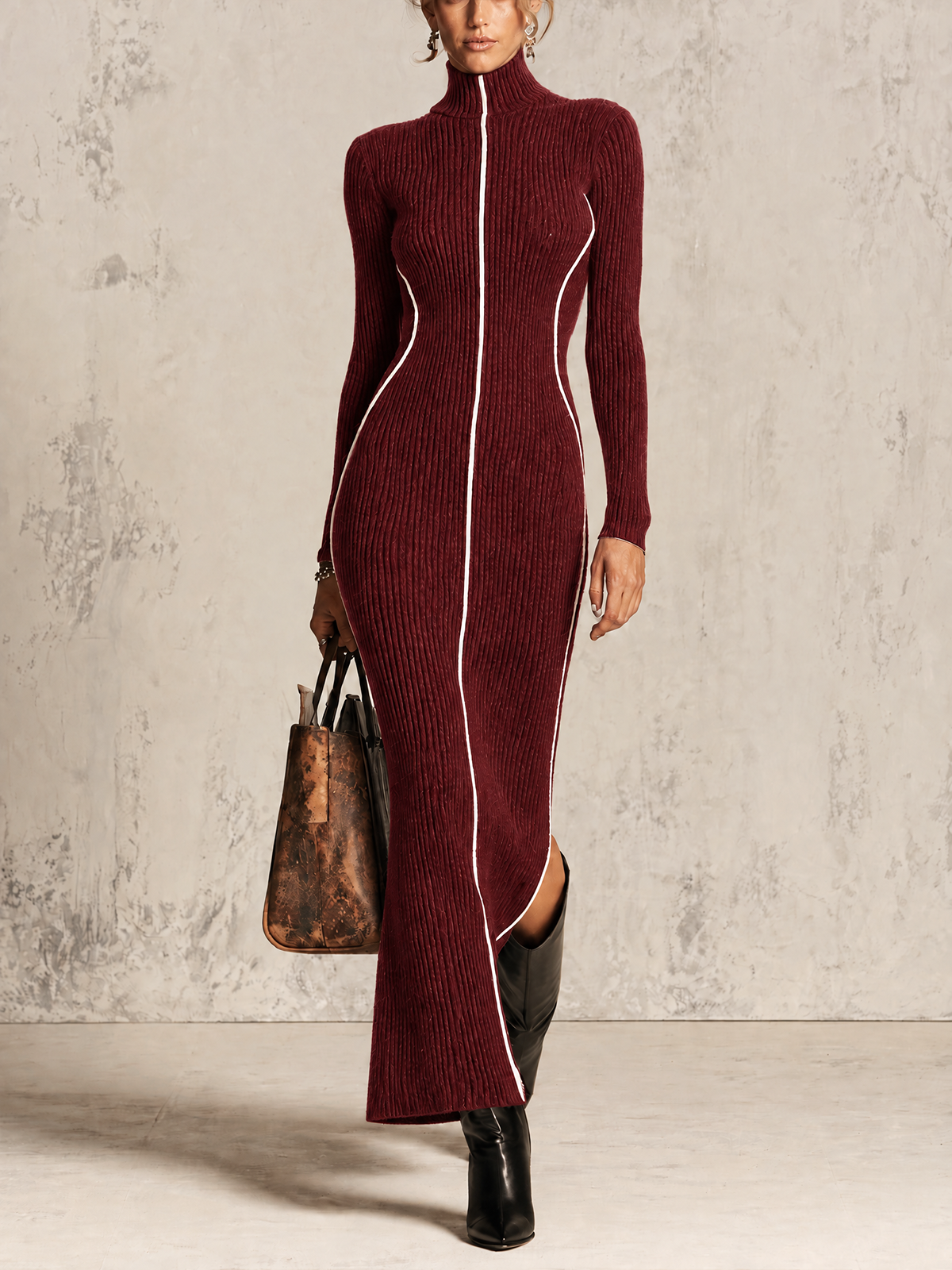 Burgundy Ribbed Turtleneck White Piping Maxi Dress