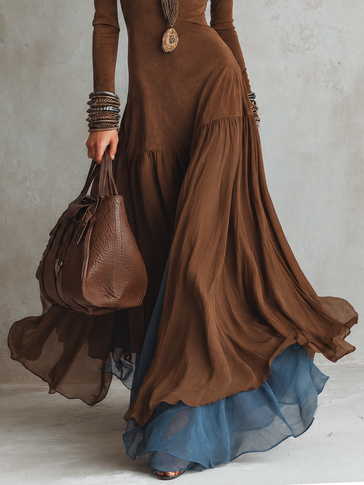 Brown Suede Paneled Double-Layer Color Block Chiffon Maxi Dress
