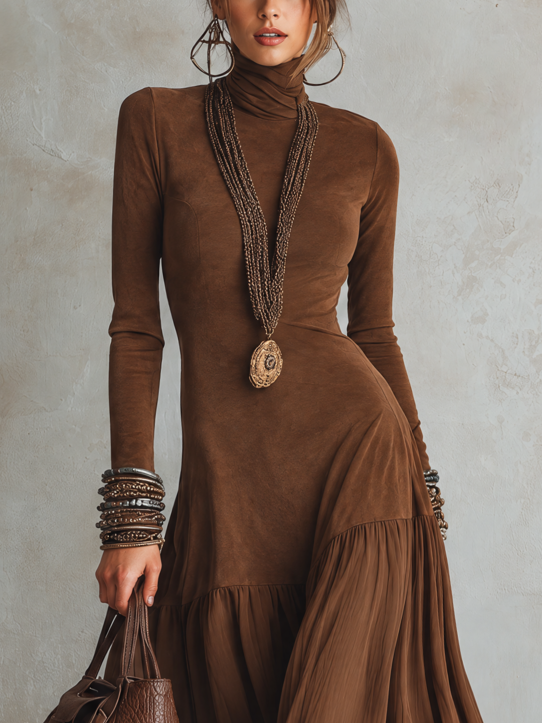 Brown Suede Paneled Double-Layer Color Block Chiffon Maxi Dress
