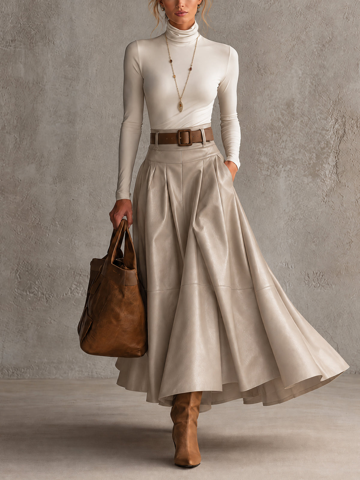 Cream Stretch Turtleneck Top And Oatmeal Pu Leather Skirt Set