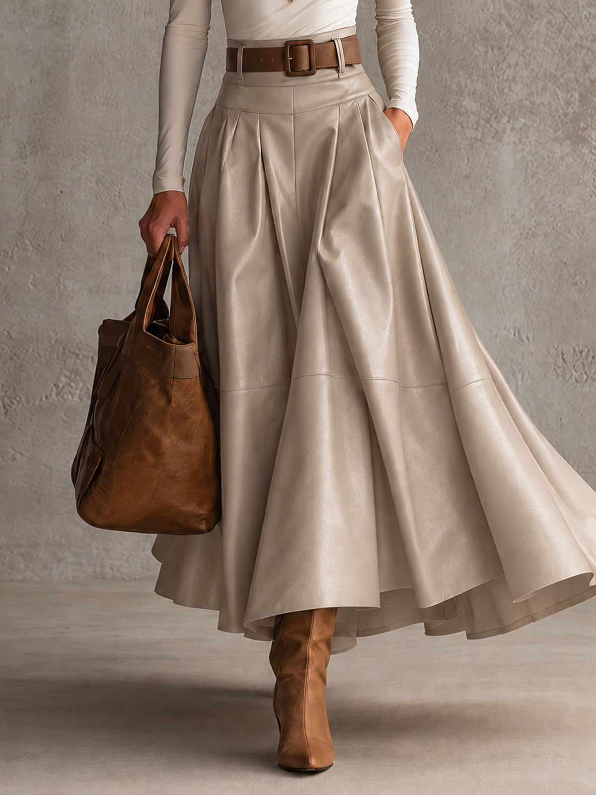 Cream Stretch Turtleneck Top And Oatmeal Pu Leather Skirt Set