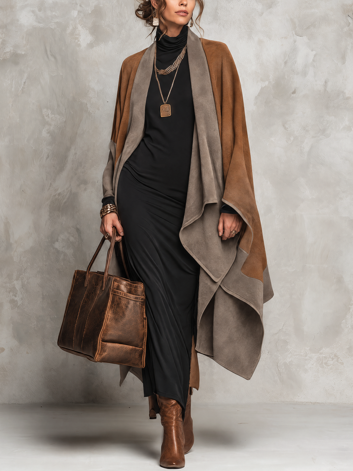 Brown And Grey Color Block Suede Cape Coat