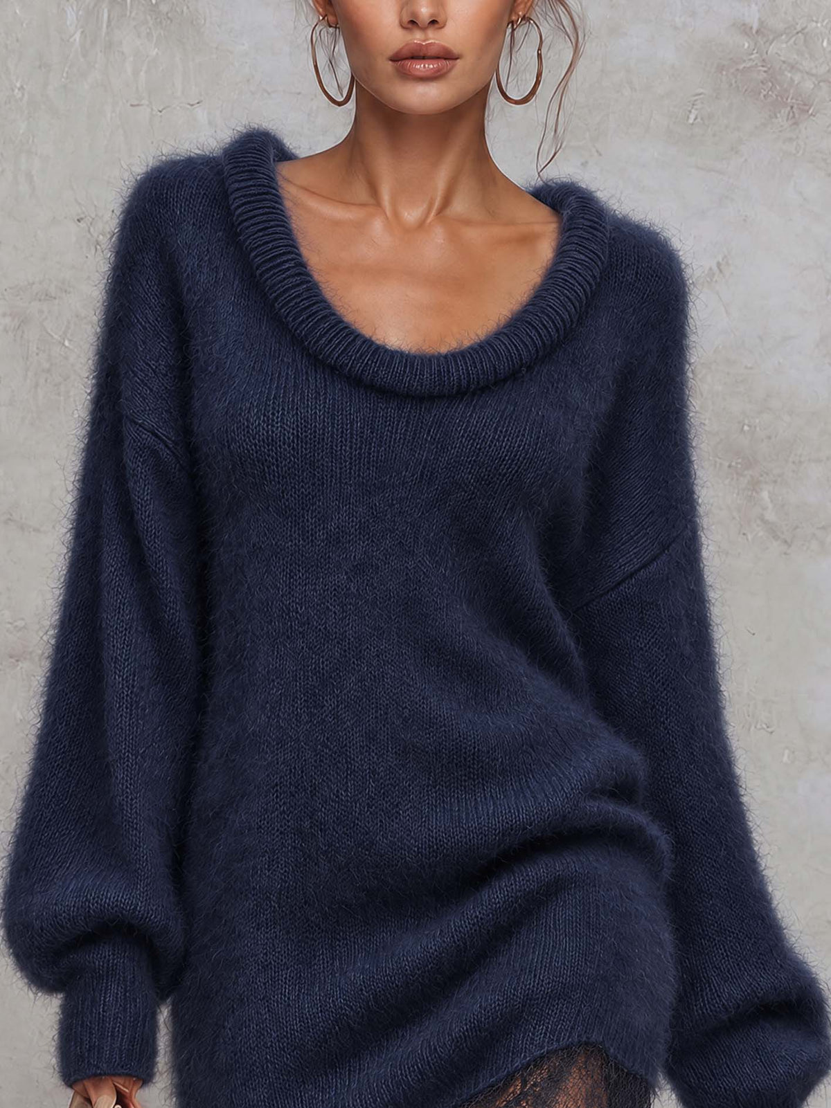 Navy Fuzzy Mohair Knit Mini Dress With Ribbed Scoop Neckline And Lace Hem