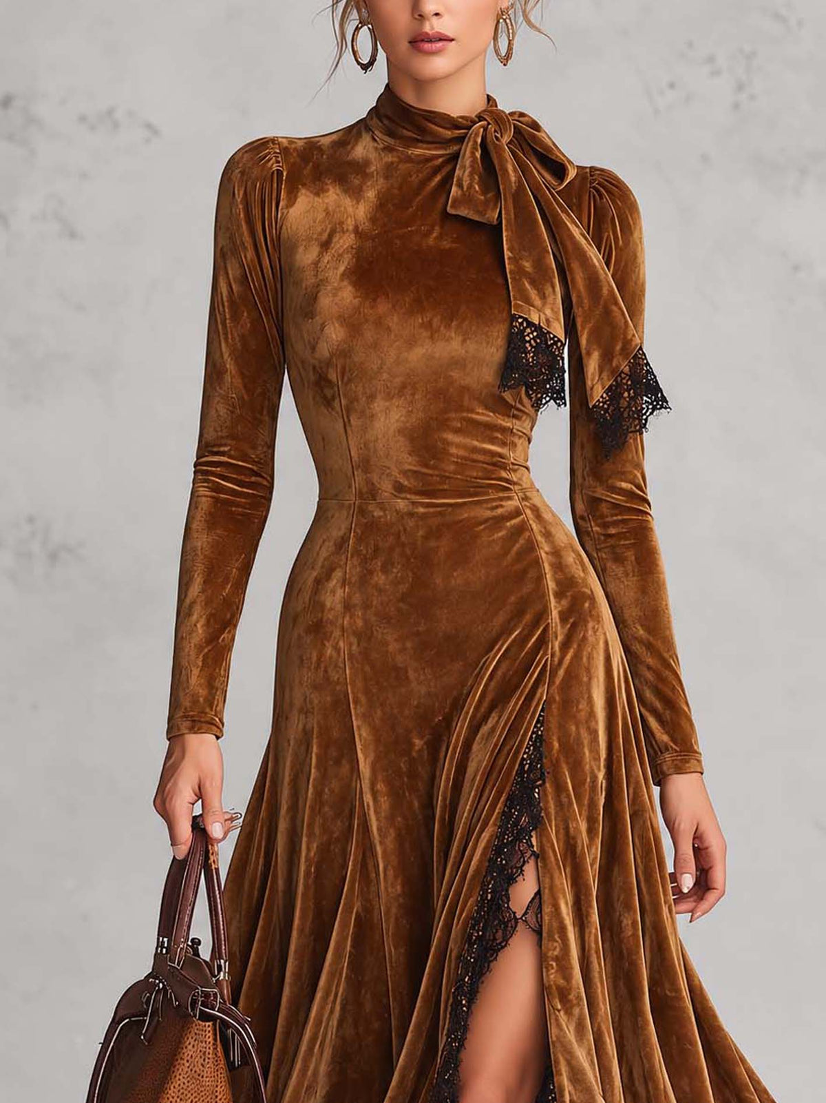 Golden Brown Velvet Maxi Dress With Neck Tie And Black Lace Trim