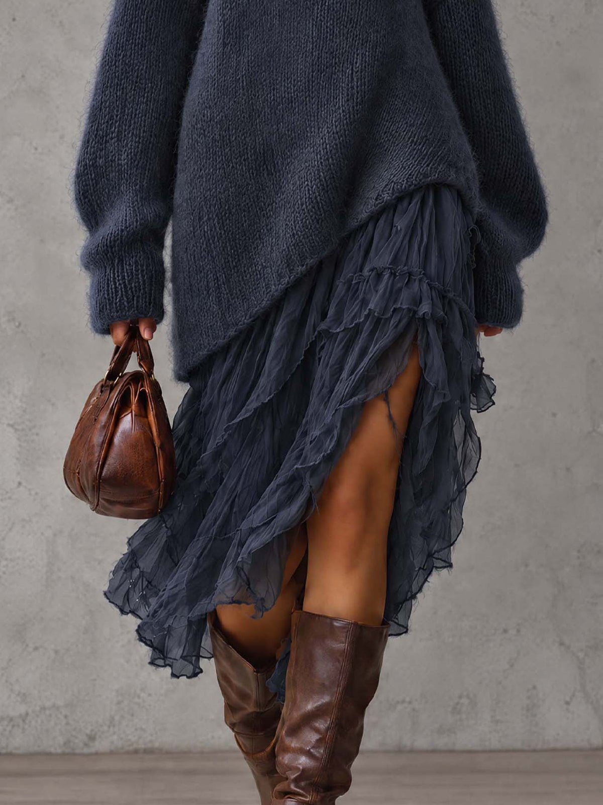 Slate Blue Fuzzy Knit Midi Dress With Off-Shoulder Fold Collar And Chiffon Ruffle Hem