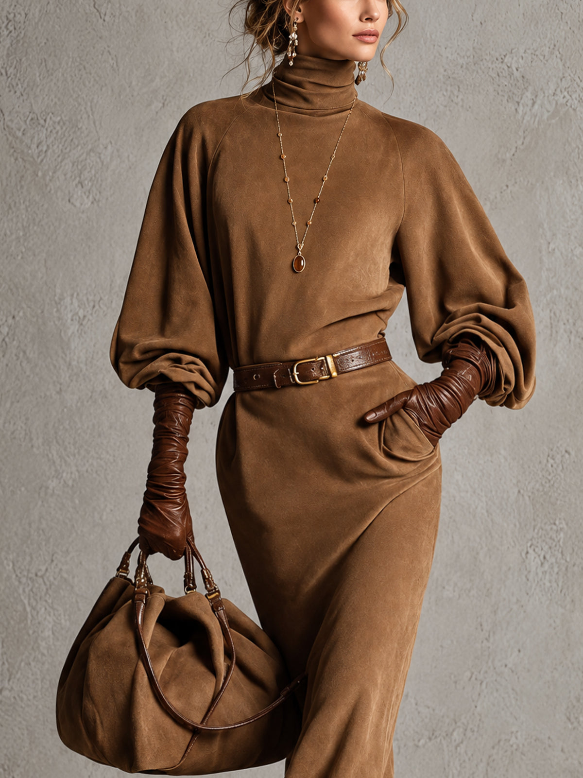 Camel Brown Turtleneck Blouson Sleeve Faux Suede Belted Maxi Dress