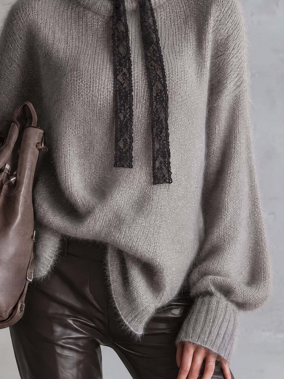 Gray Shimmer Mohair Sweater With Black Lace Ribbon Ties