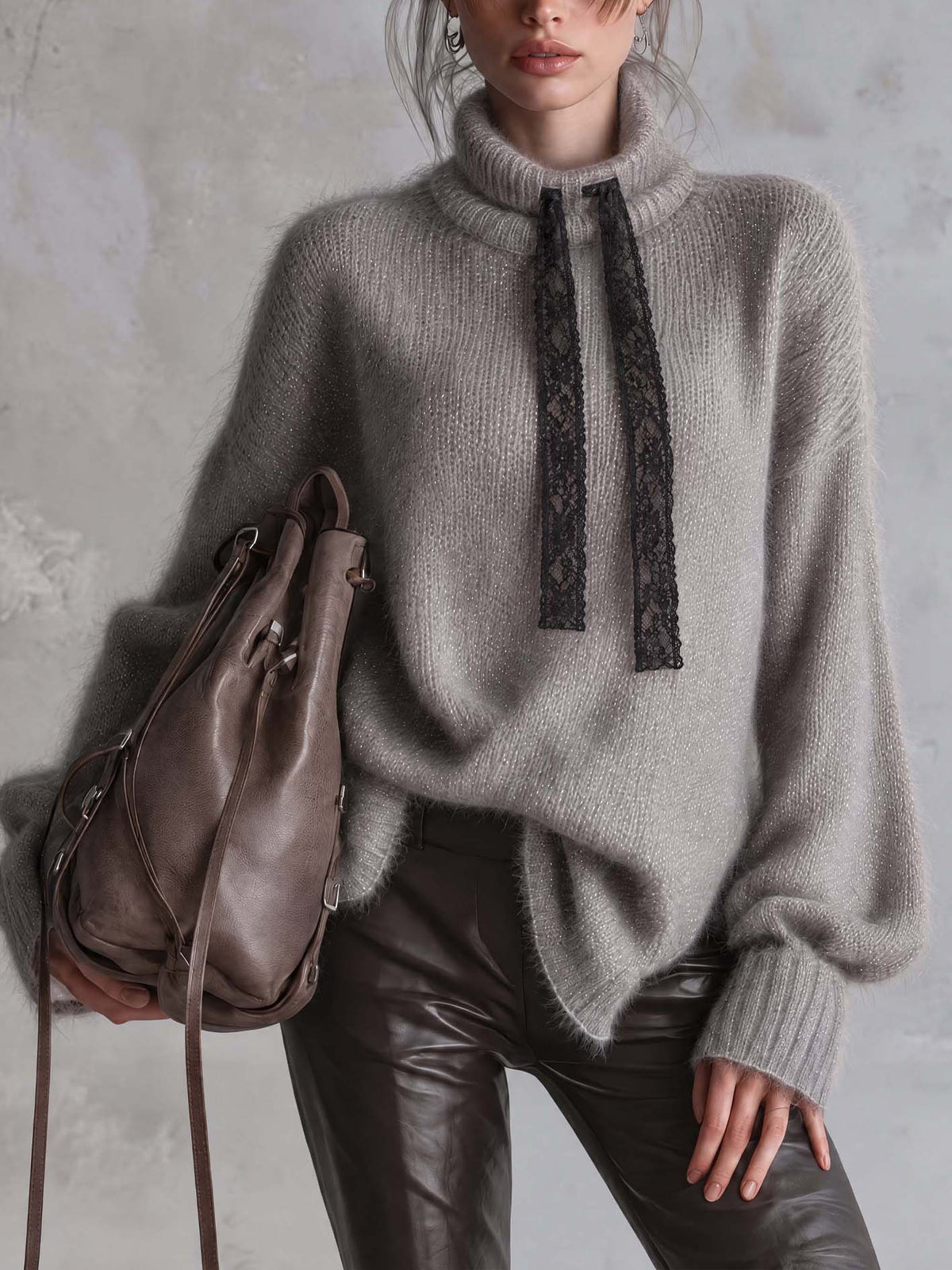 Gray Shimmer Mohair Sweater With Black Lace Ribbon Ties