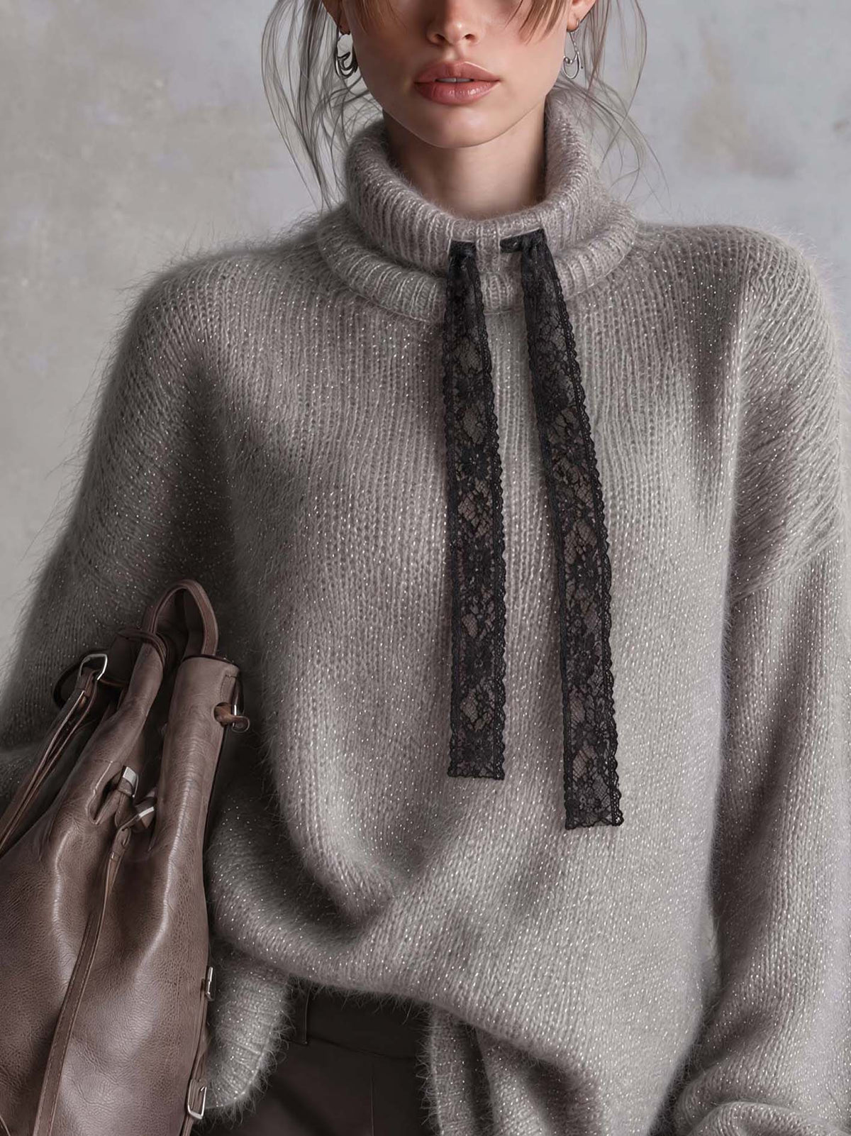 Gray Shimmer Mohair Sweater With Black Lace Ribbon Ties