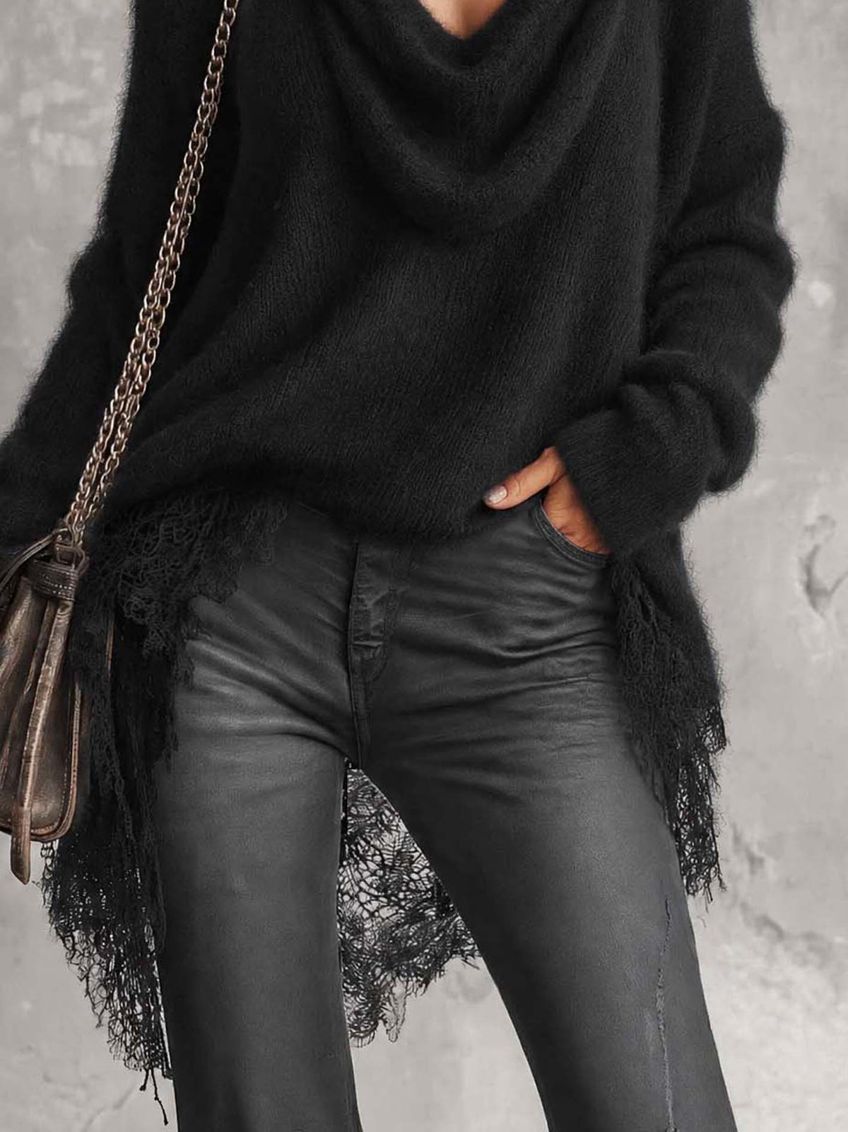 Black Fuzzy Mohair Sweater With Draped Cowl Neck And Asymmetric Lace Hem