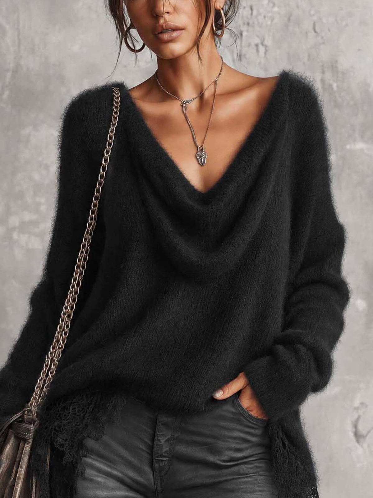 Black Fuzzy Mohair Sweater With Draped Cowl Neck And Asymmetric Lace Hem