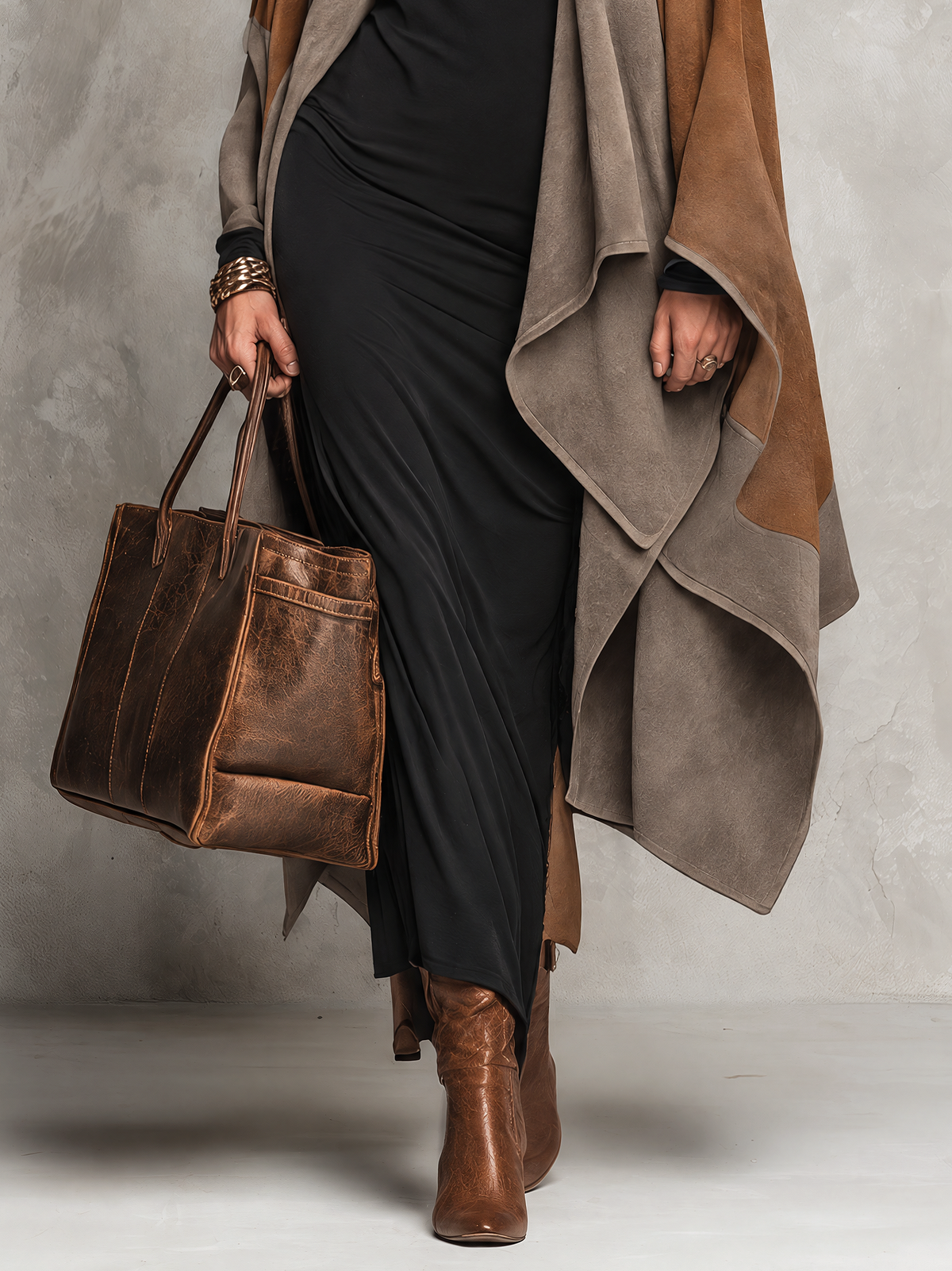Brown And Grey Color Block Suede Cape Coat