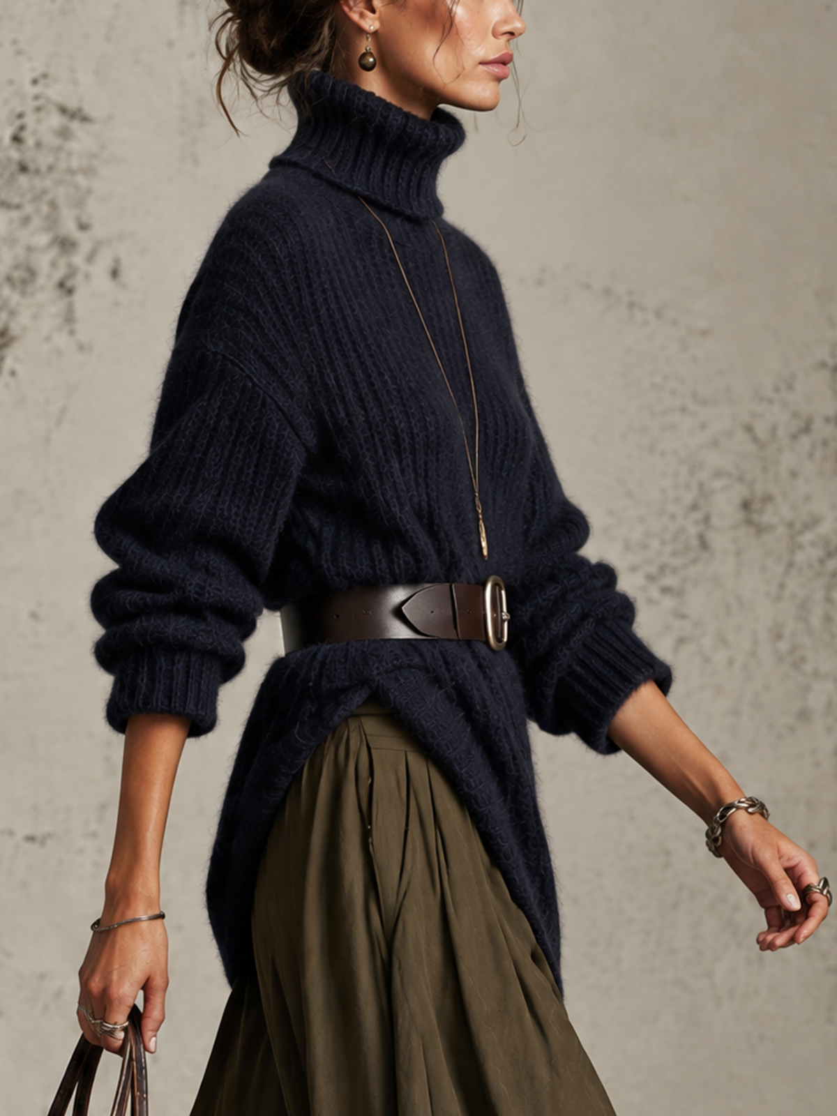 Navy Chunky Ribbed Asymmetric Turtleneck Sweater