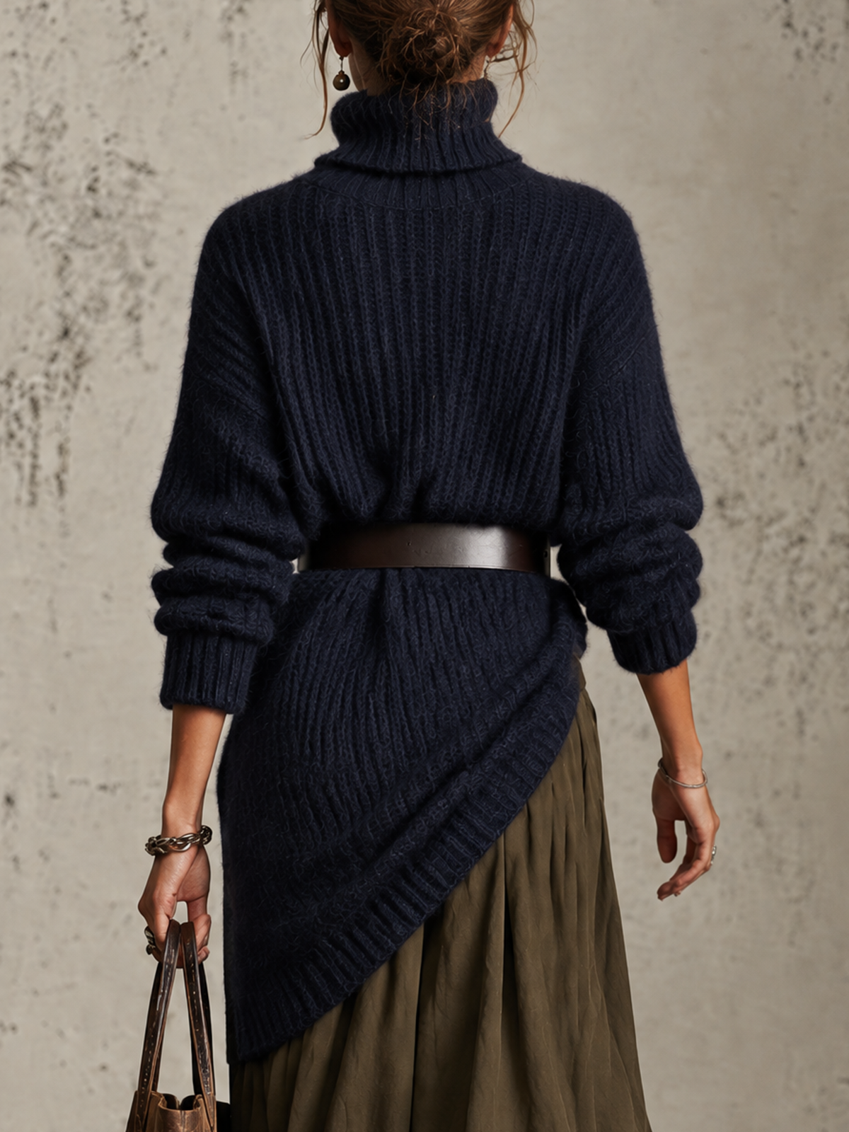 Navy Chunky Ribbed Asymmetric Turtleneck Sweater