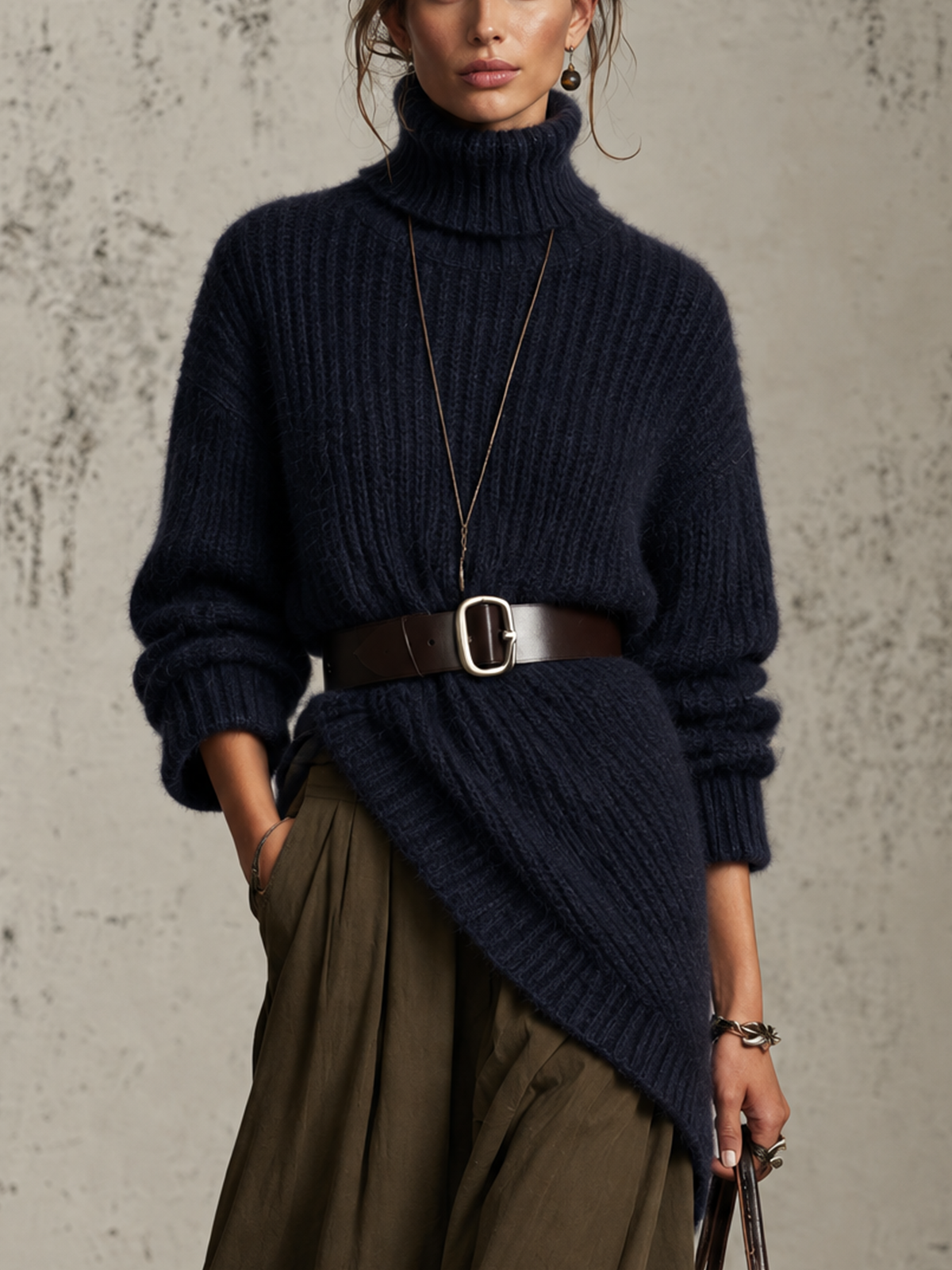 Navy Chunky Ribbed Asymmetric Turtleneck Sweater