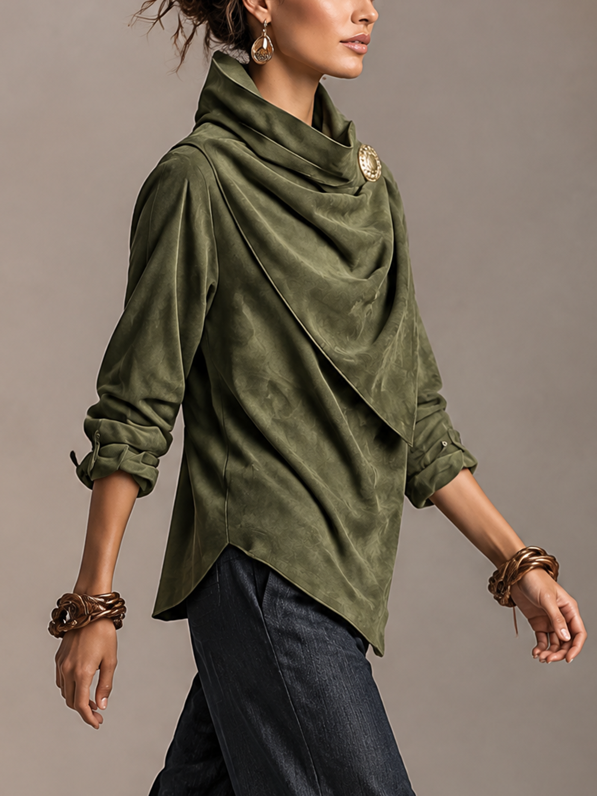 Olive Suede Draped Cowl Neck Wrap Blouse