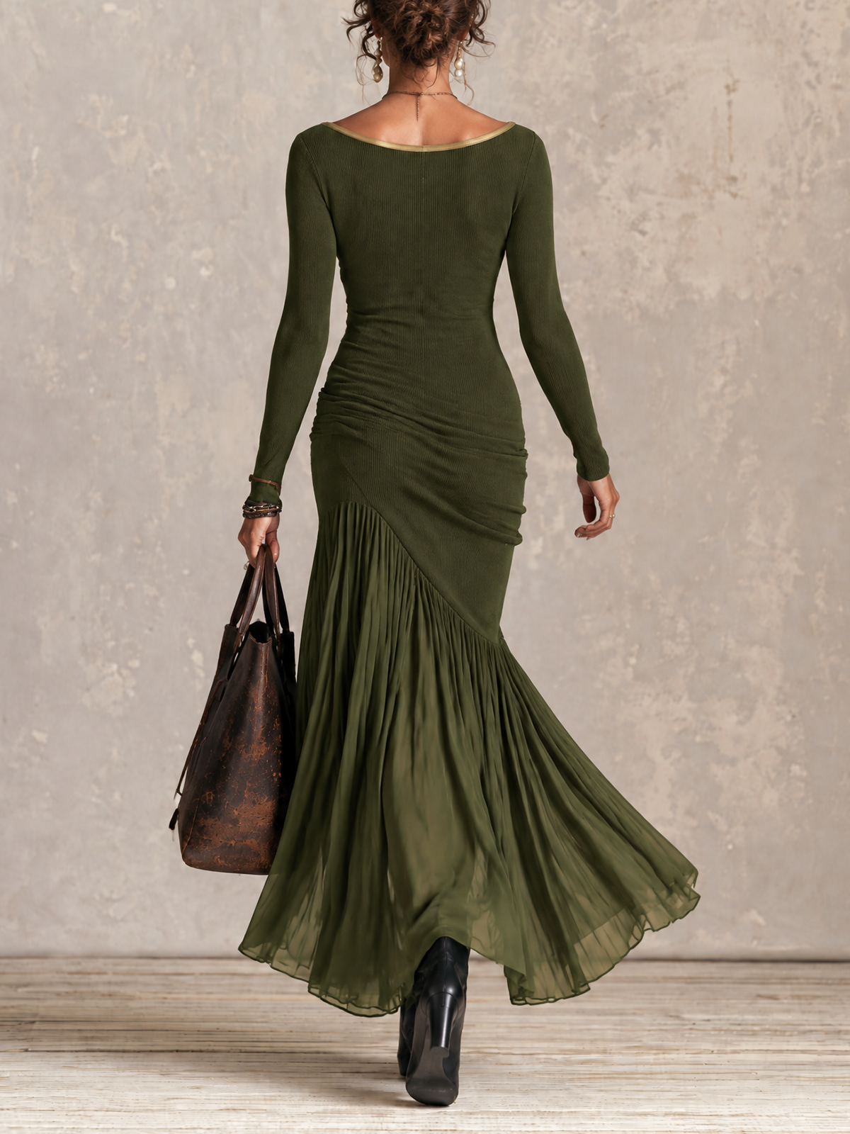 Olive Gold Trim Boat Neck Rib Knit Chiffon Mermaid Maxi Dress