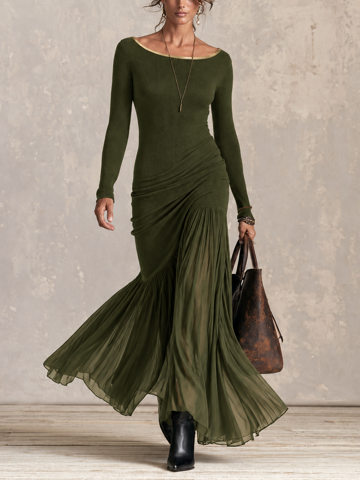 Olive Gold Trim Boat Neck Rib Knit Chiffon Mermaid Maxi Dress