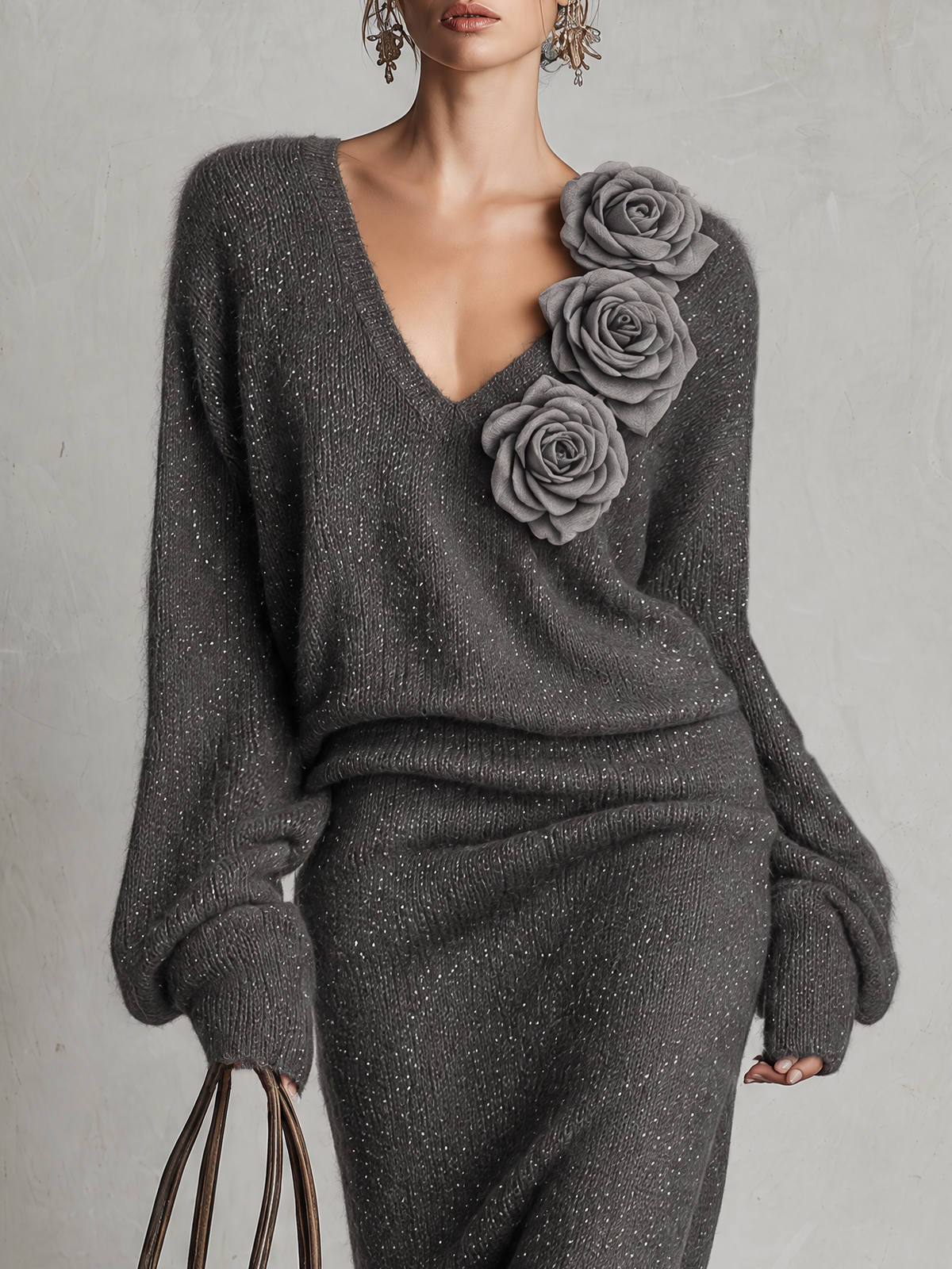 Dark Grey Sparkle Knit Midi Dress With Light Gray Fabric Rose Appliqués