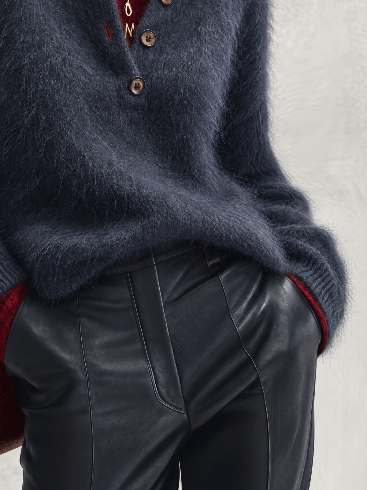 Navy Fluffy Knit Sweater With Burgundy Contrast Inner Collar
