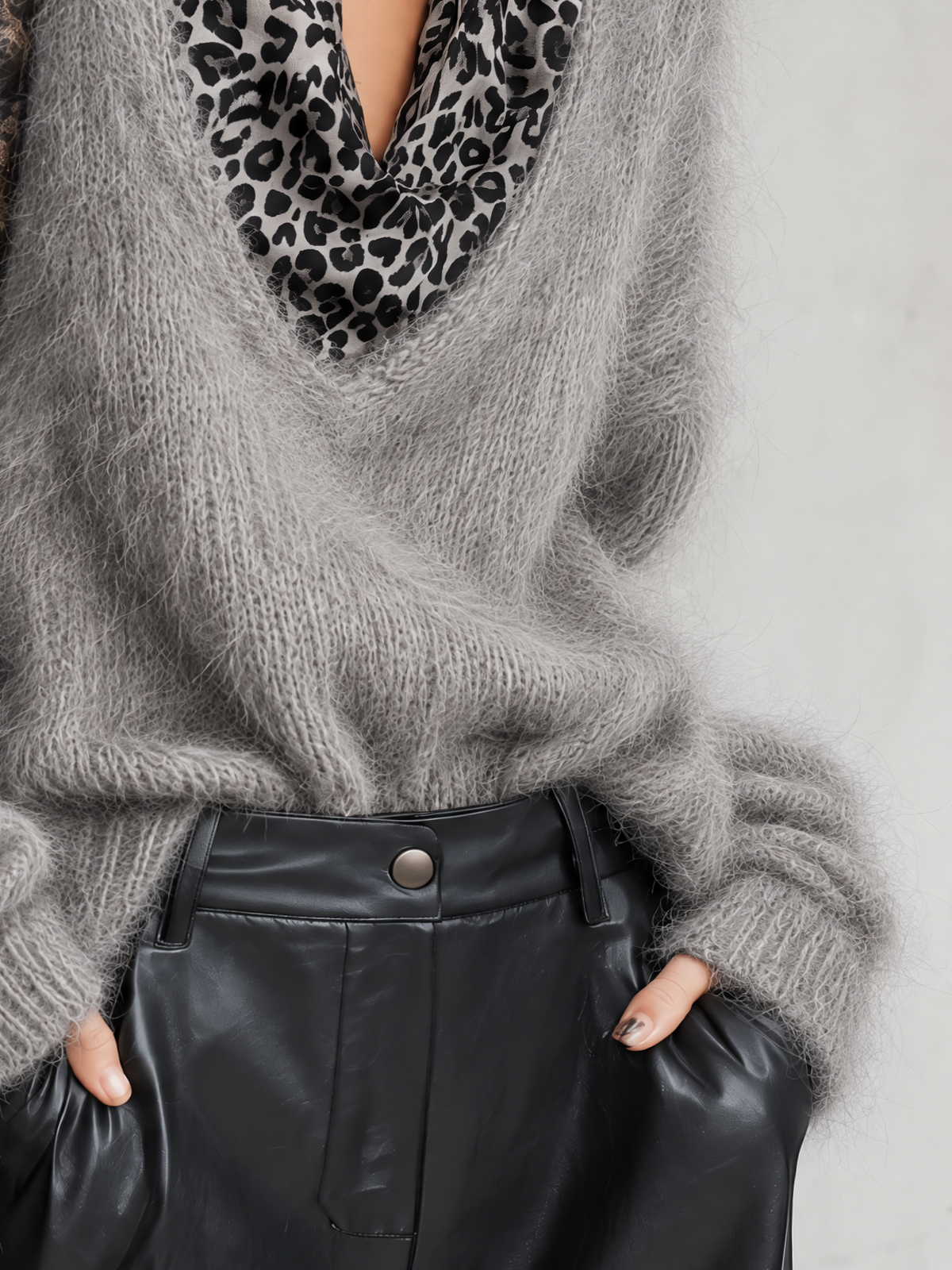 Grey Fluffy Knit Sweater With Black And White Leopard Cowl Neck Splicing