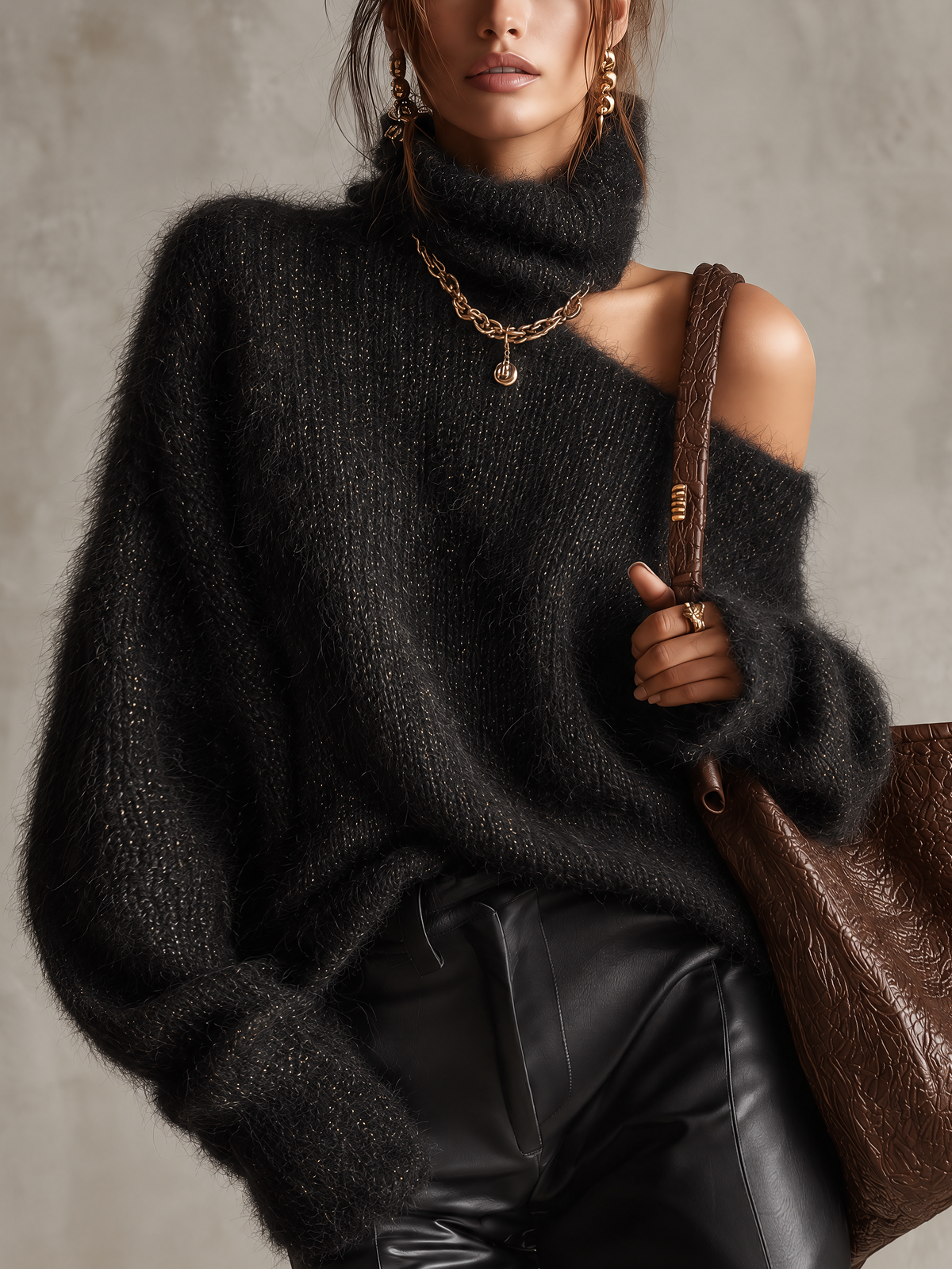 Black Sparkle Knit Off-Shoulder Turtleneck Sweater