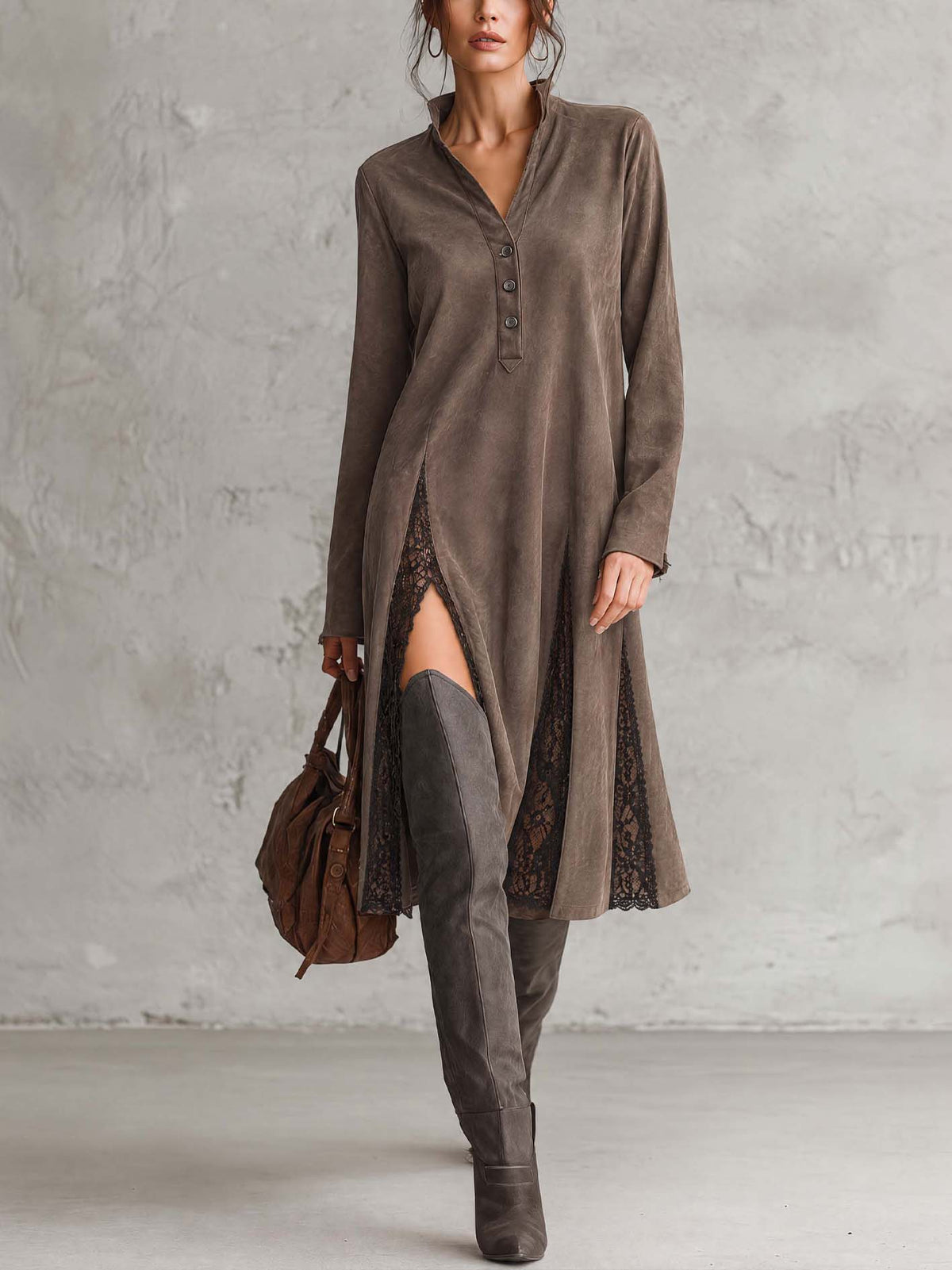 Taupe Faux Suede Midi Dress With Sheer Black Lace Panels And Button Placket