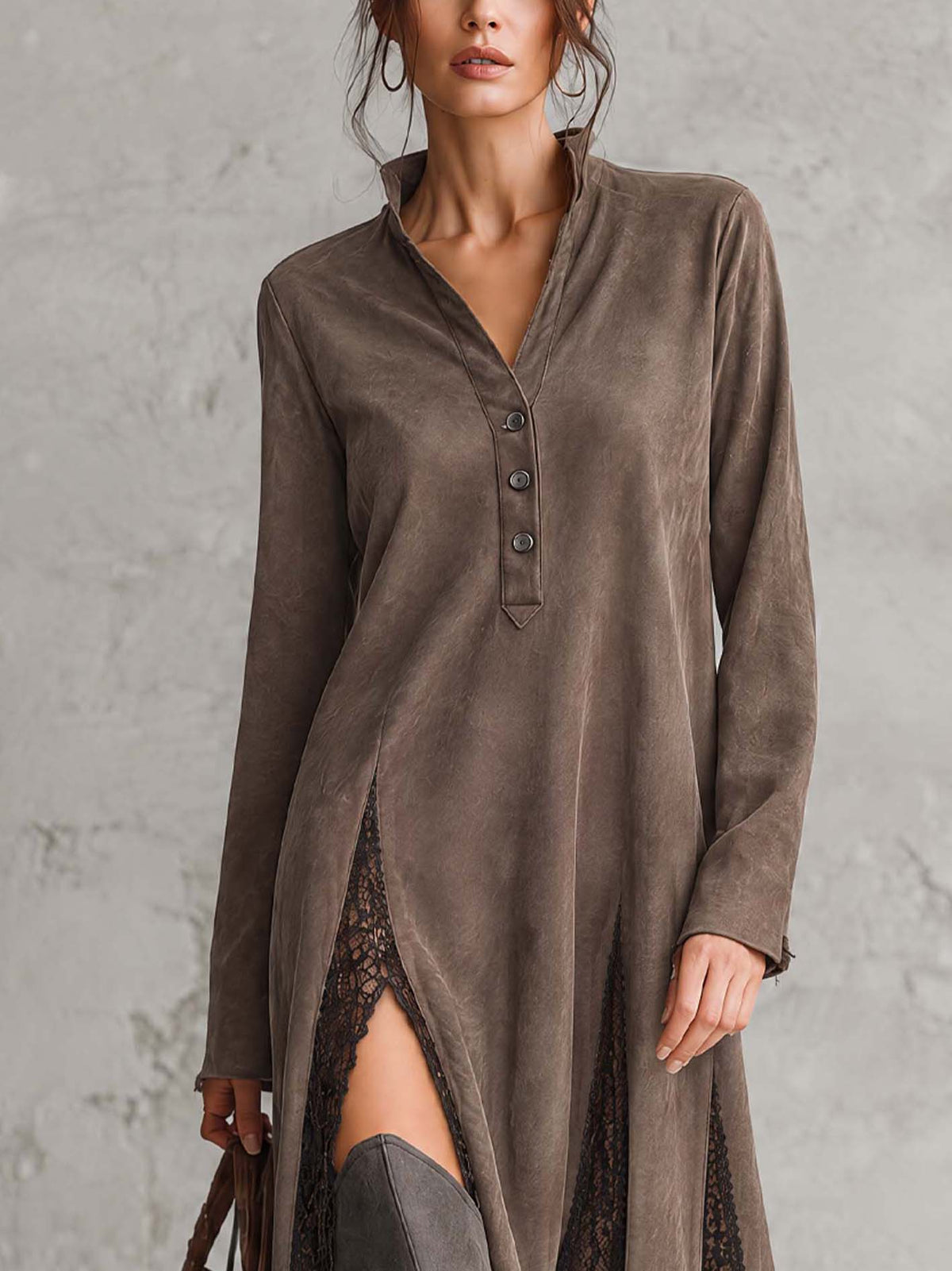 Taupe Faux Suede Midi Dress With Sheer Black Lace Panels And Button Placket