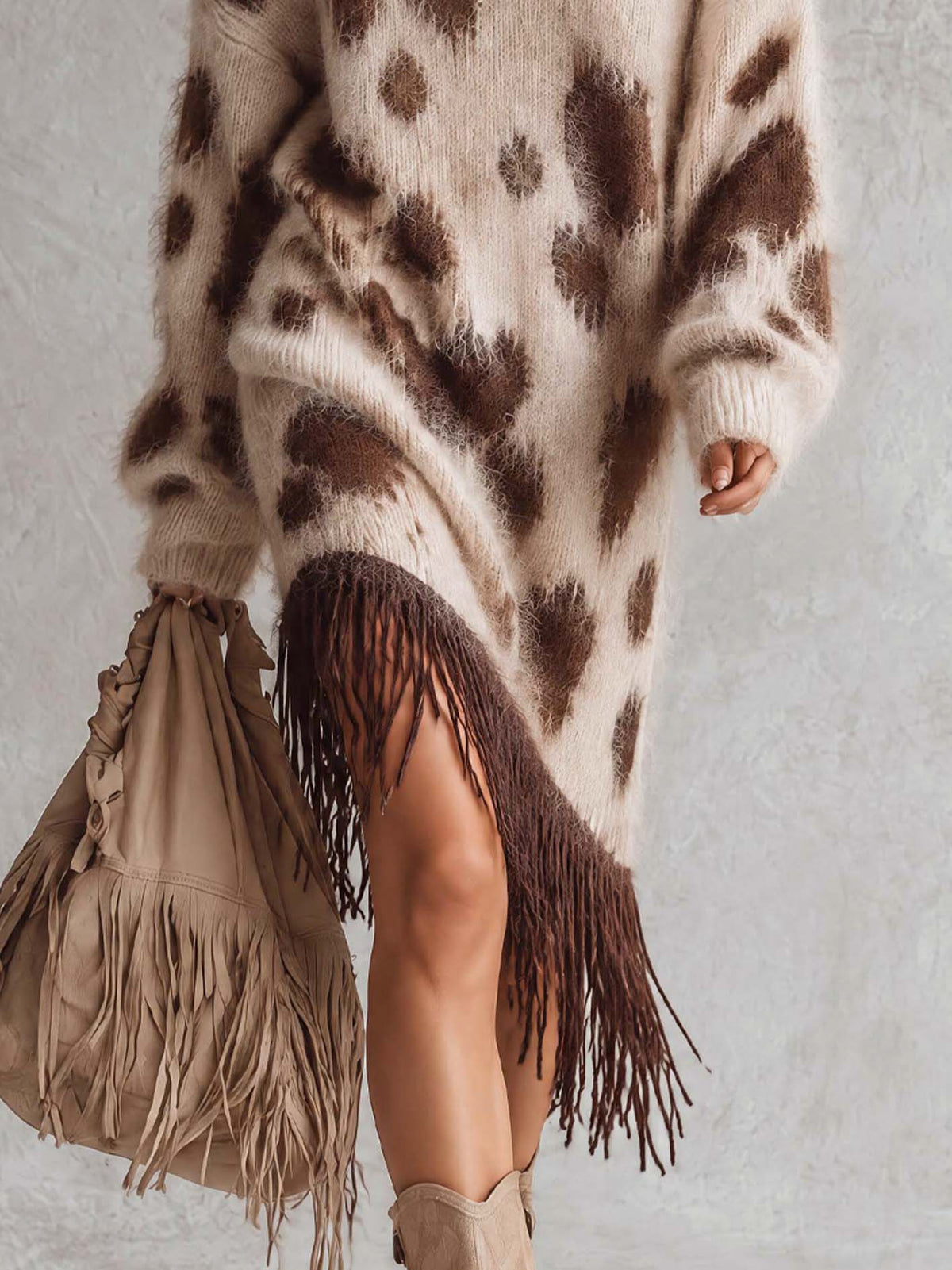 Cream Leopard Print Fuzzy Knit Midi Dress With Fringe Hem