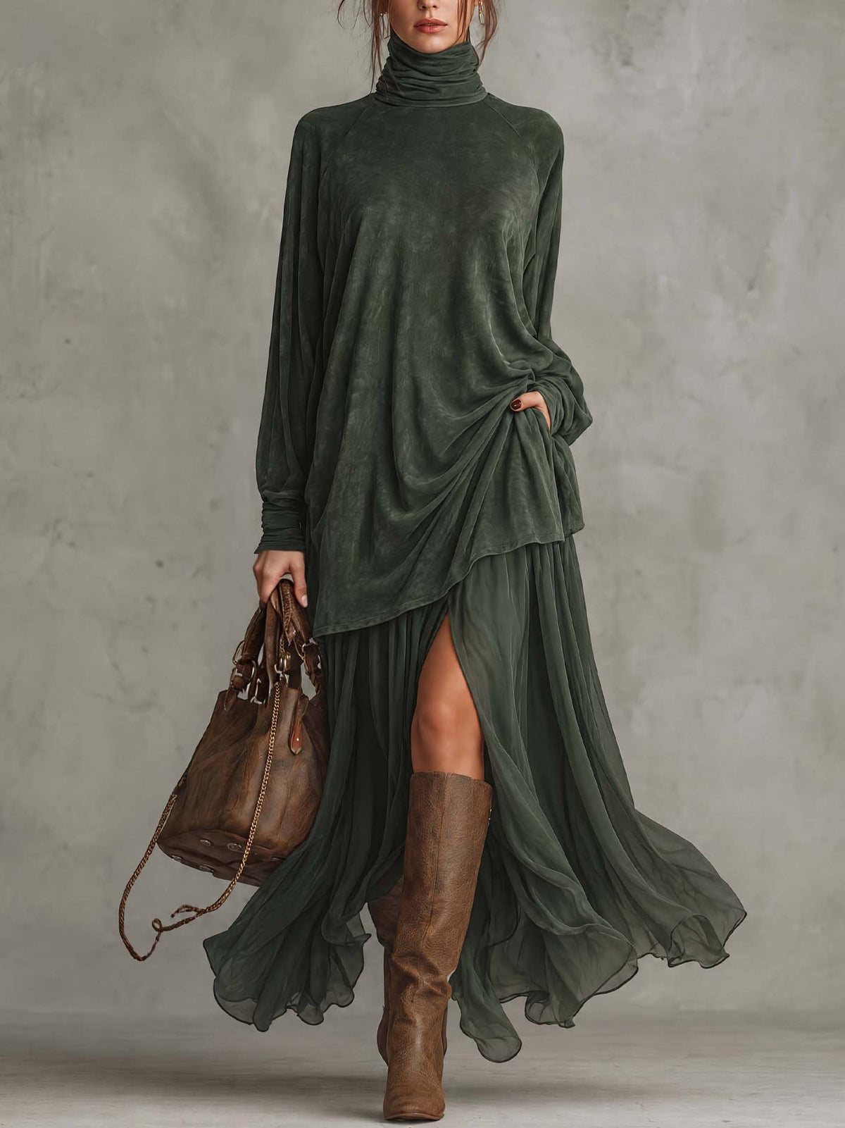 Washed Pine Green Faux Suede Maxi Dress With Turtleneck And Sheer Chiffon Layered Skirt