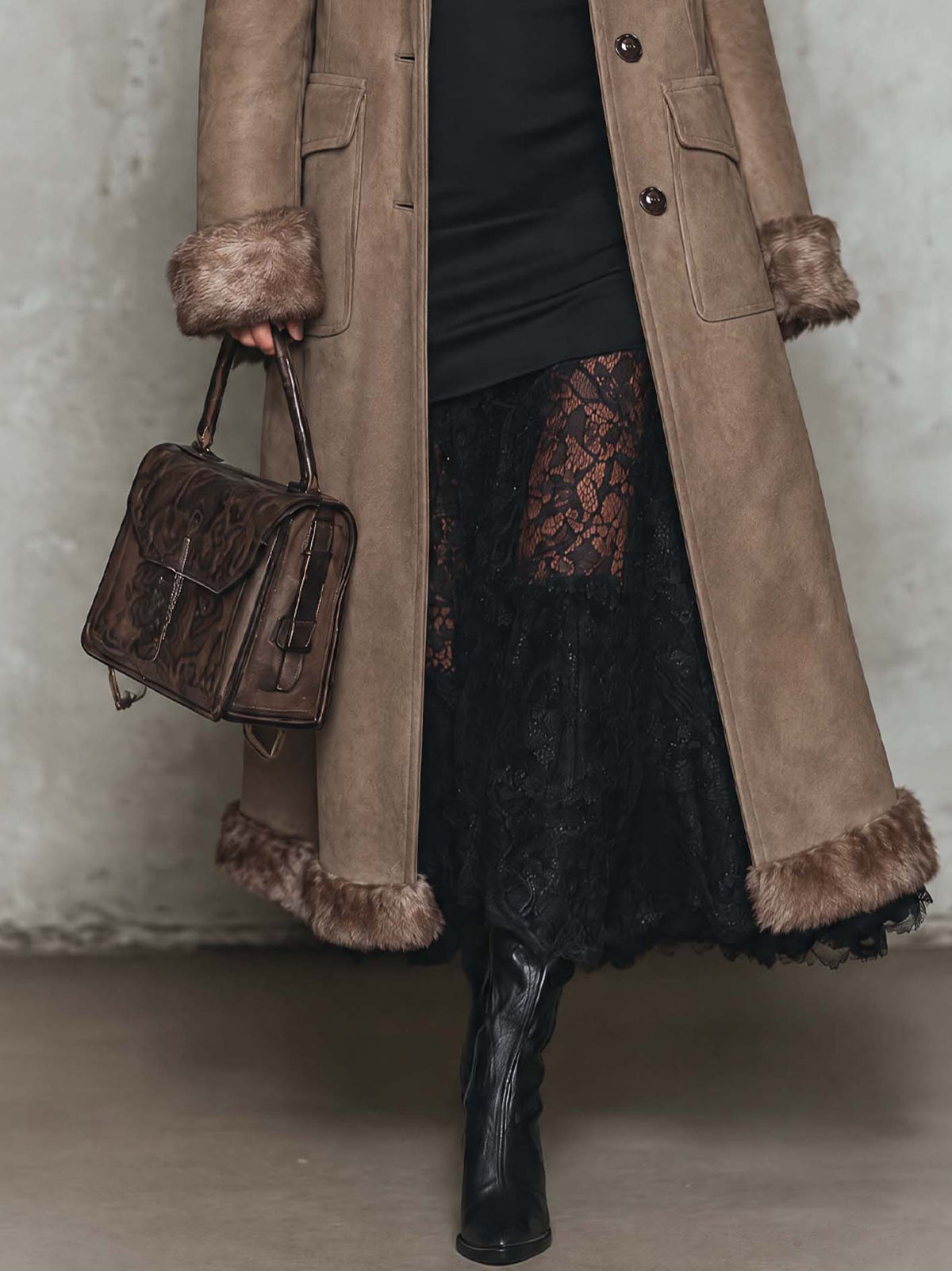 Taupe Faux Suede Longline Coat With Faux Fur Cuff And Hem Trim