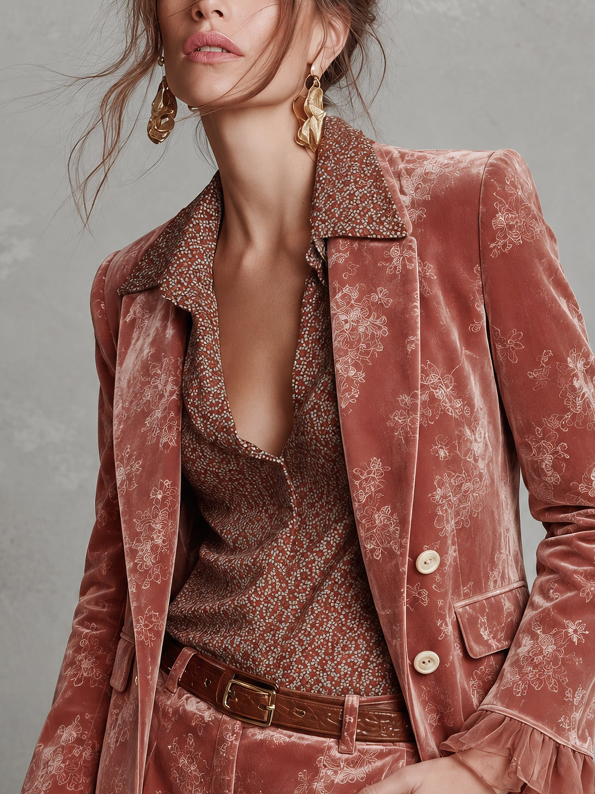 Dusty Rose Floral Print Velvet Blazer With Chiffon Ruffle Cuffs