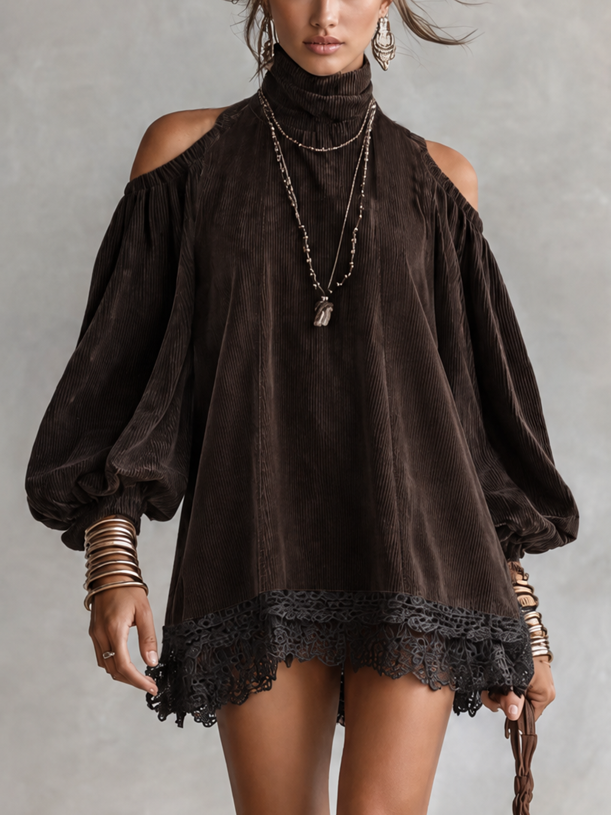 Dark Brown Corduroy Cold Shoulder Turtleneck Lace Hem Mini Dress