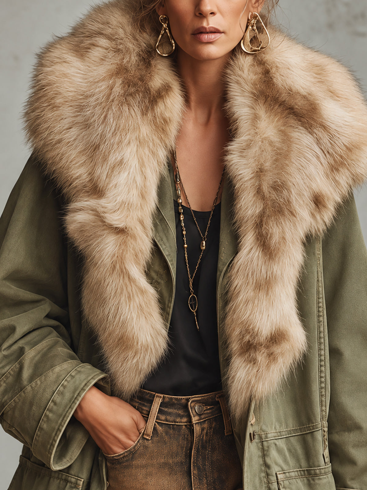 Olive Green Washed Cotton Oversized Parka With Detachable Faux Fur Collar
