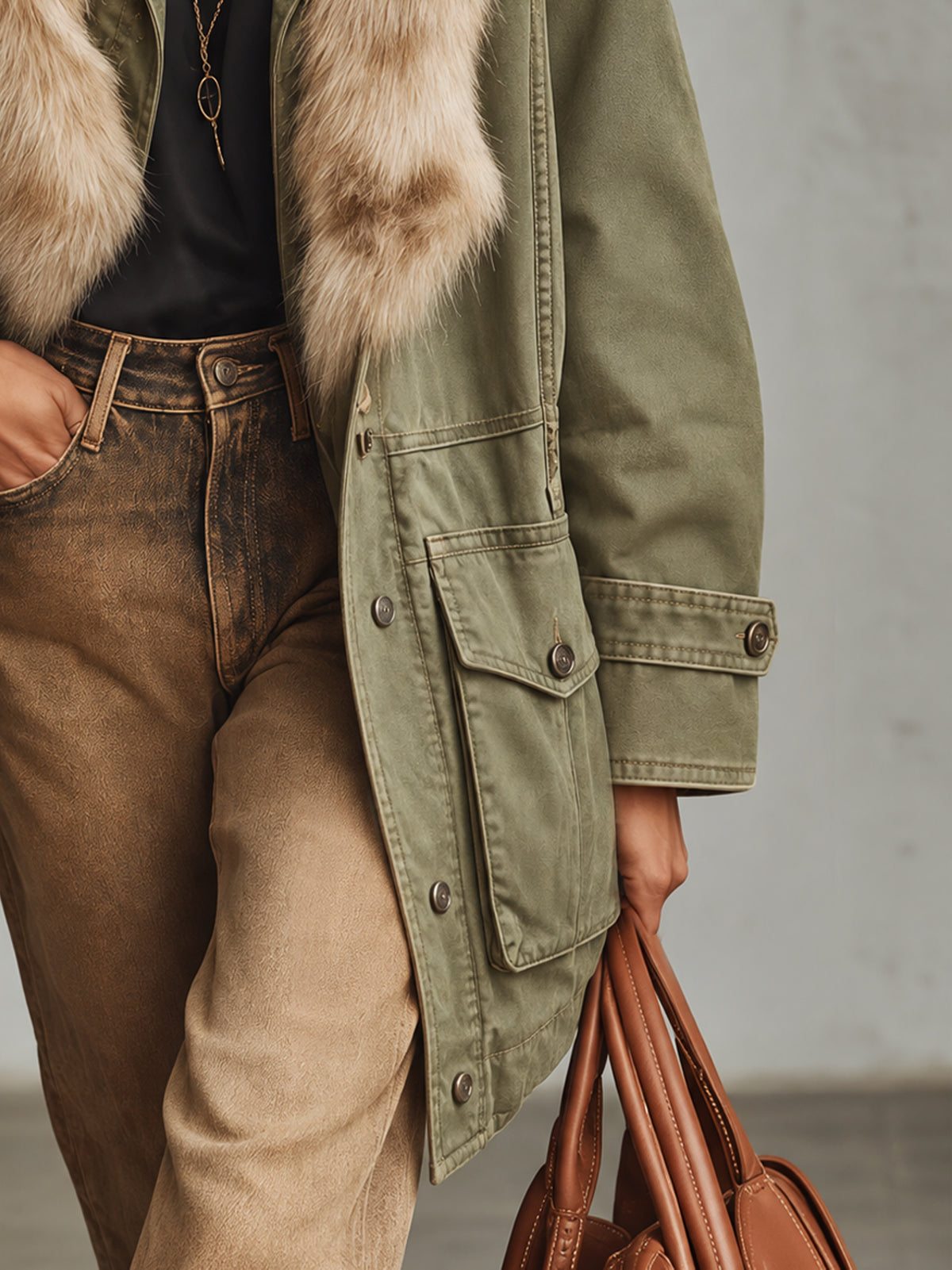 Olive Green Washed Cotton Oversized Parka With Detachable Faux Fur Collar