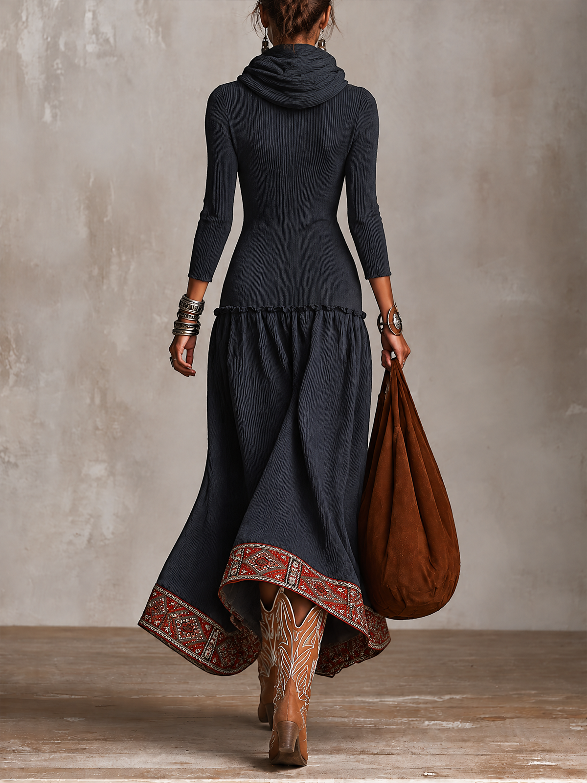 Navy Blue Cowl Neck Rib Knit Geometric Embroidered Maxi Dress