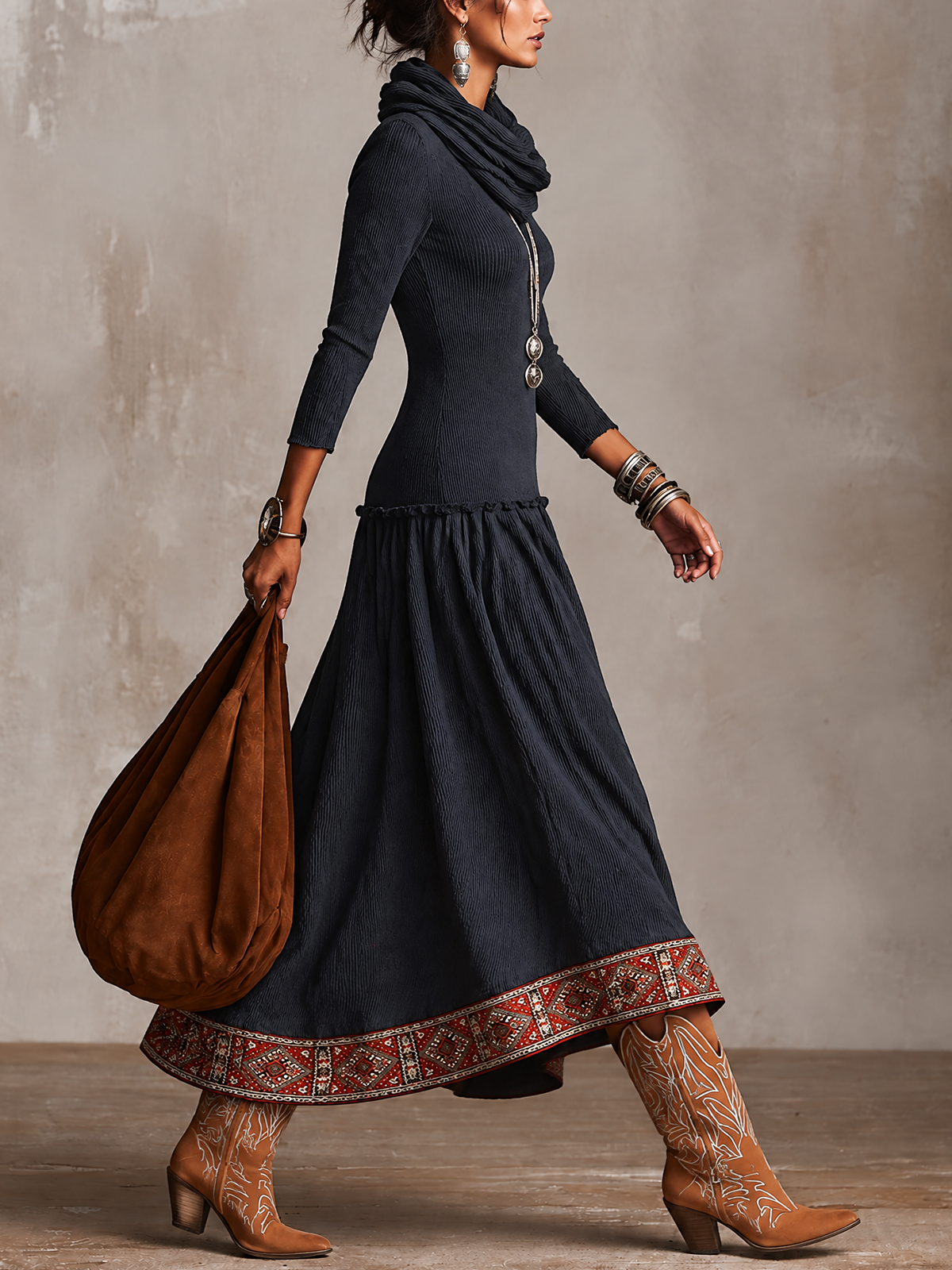 Navy Blue Cowl Neck Rib Knit Geometric Embroidered Maxi Dress