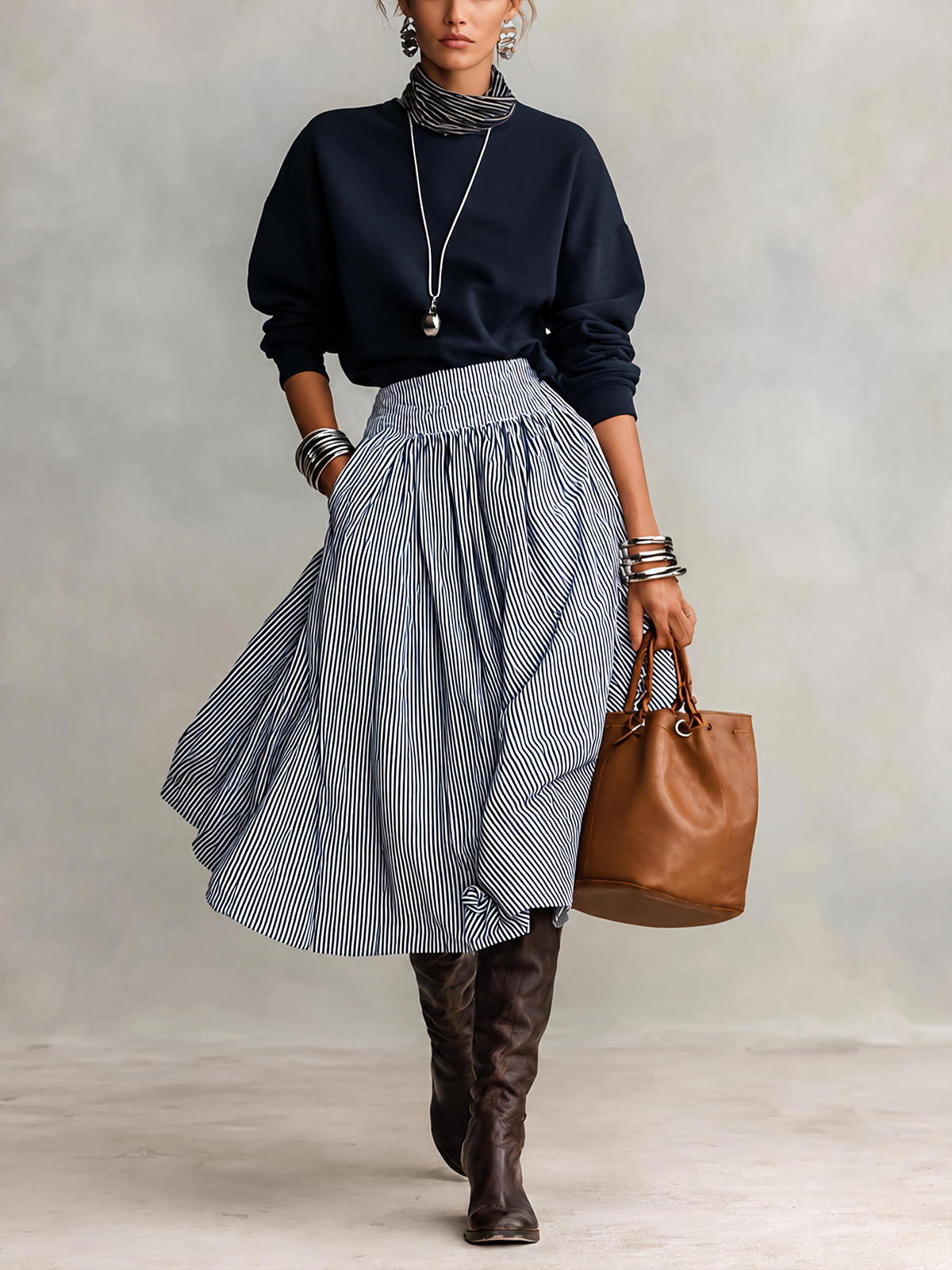 Navy Sweatshirt And Blue White Striped Midi Skirt Set