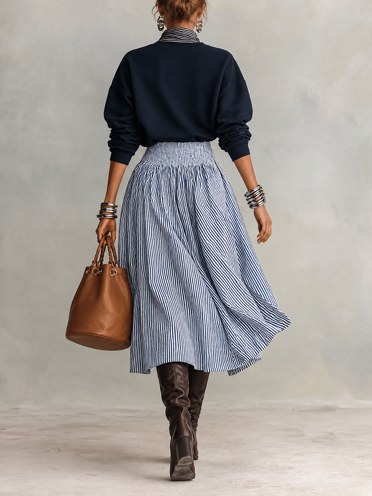 Navy Sweatshirt And Blue White Striped Midi Skirt Set