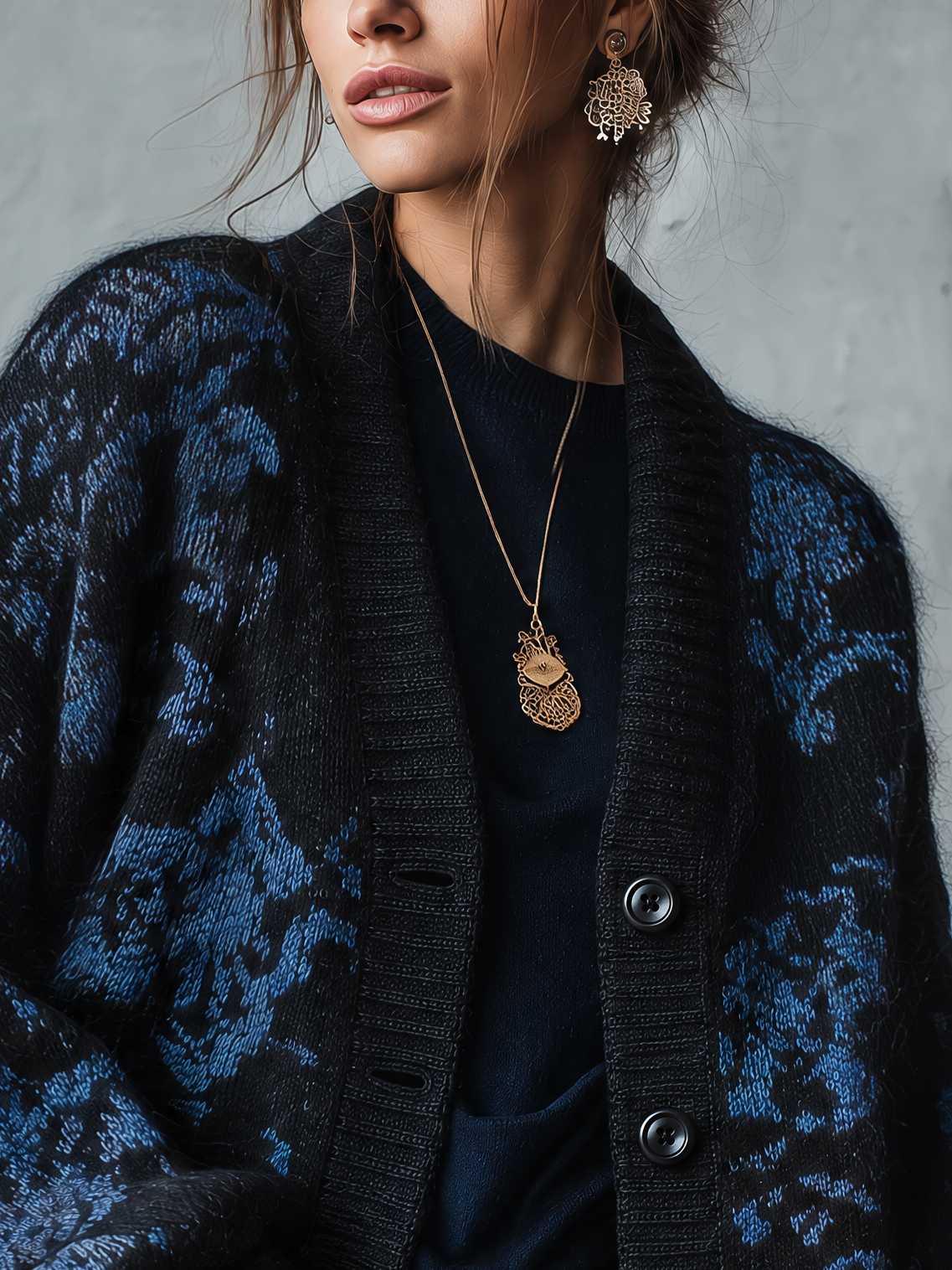 Black Knit Jacquard Cardigan With Blue Floral Pattern