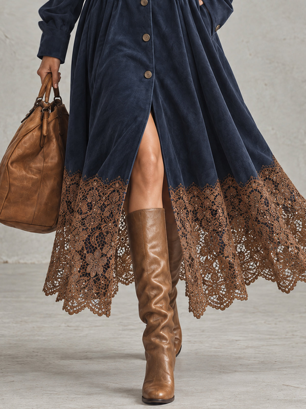Navy Blue Faux Suede Single Breasted Midi Dress With Brown Lace Hem