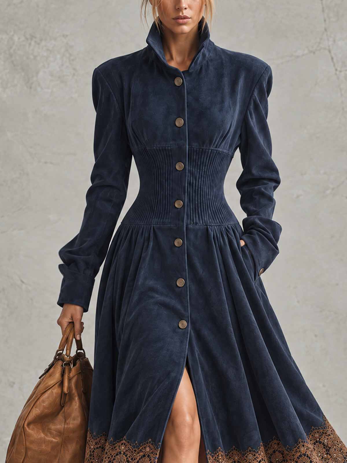 Navy Blue Faux Suede Single Breasted Midi Dress With Brown Lace Hem