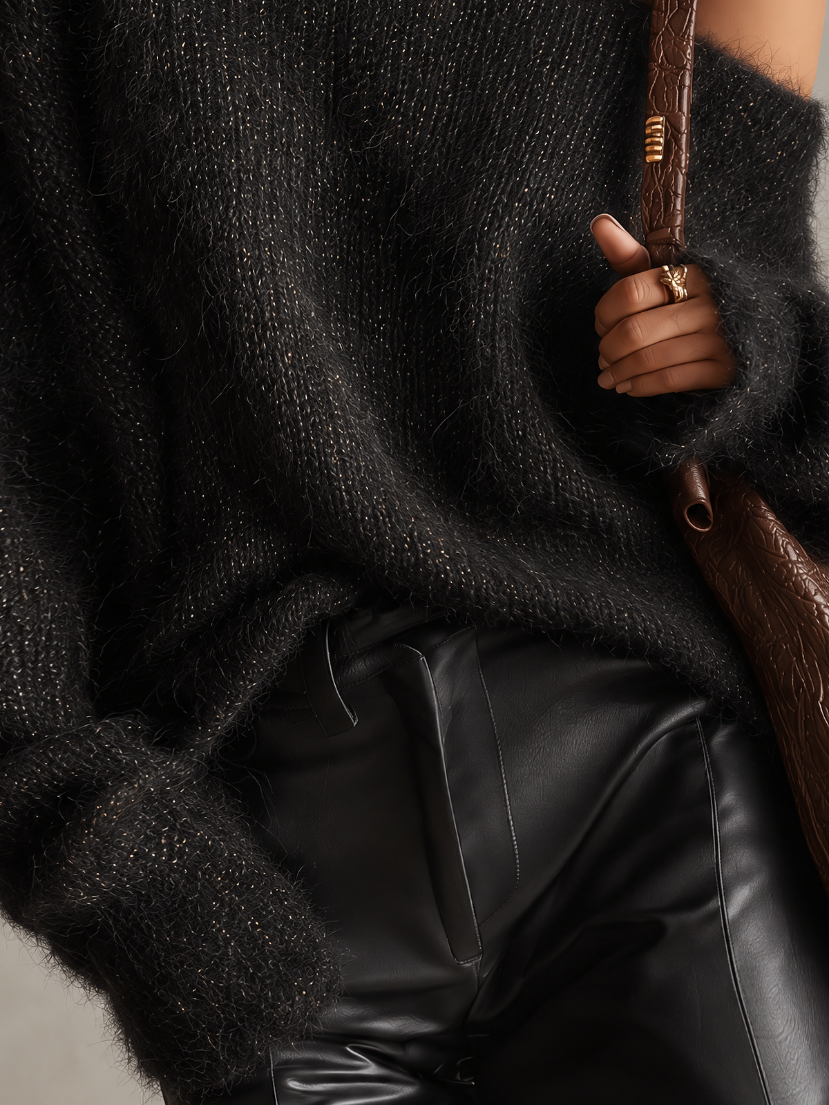 Black Sparkle Knit Off-Shoulder Turtleneck Sweater