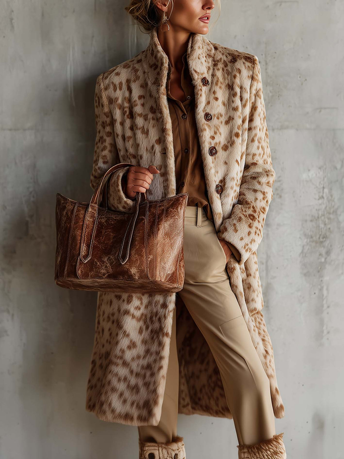 Cream Leopard Print Long-Pile Faux Fur Coat With Stand Collar