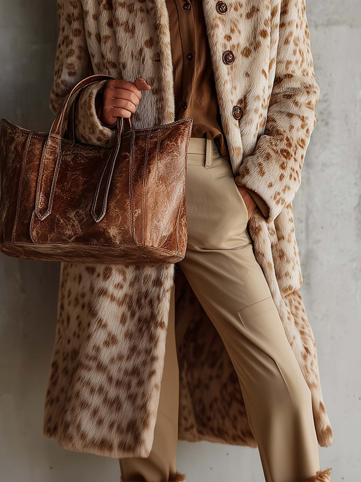 Cream Leopard Print Long-Pile Faux Fur Coat With Stand Collar