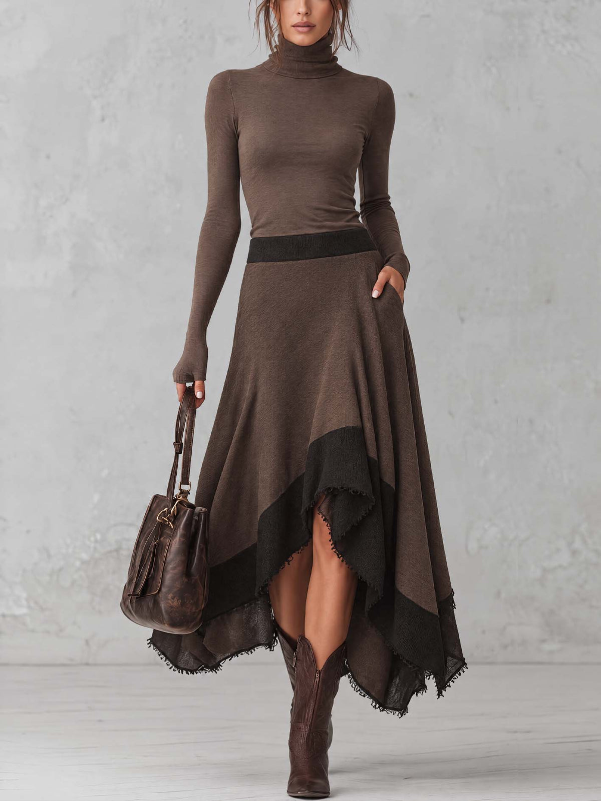 Chocolate Brown Turtleneck Tee And Color Block Wool-Blend Asymmetric Midi Skirt Set